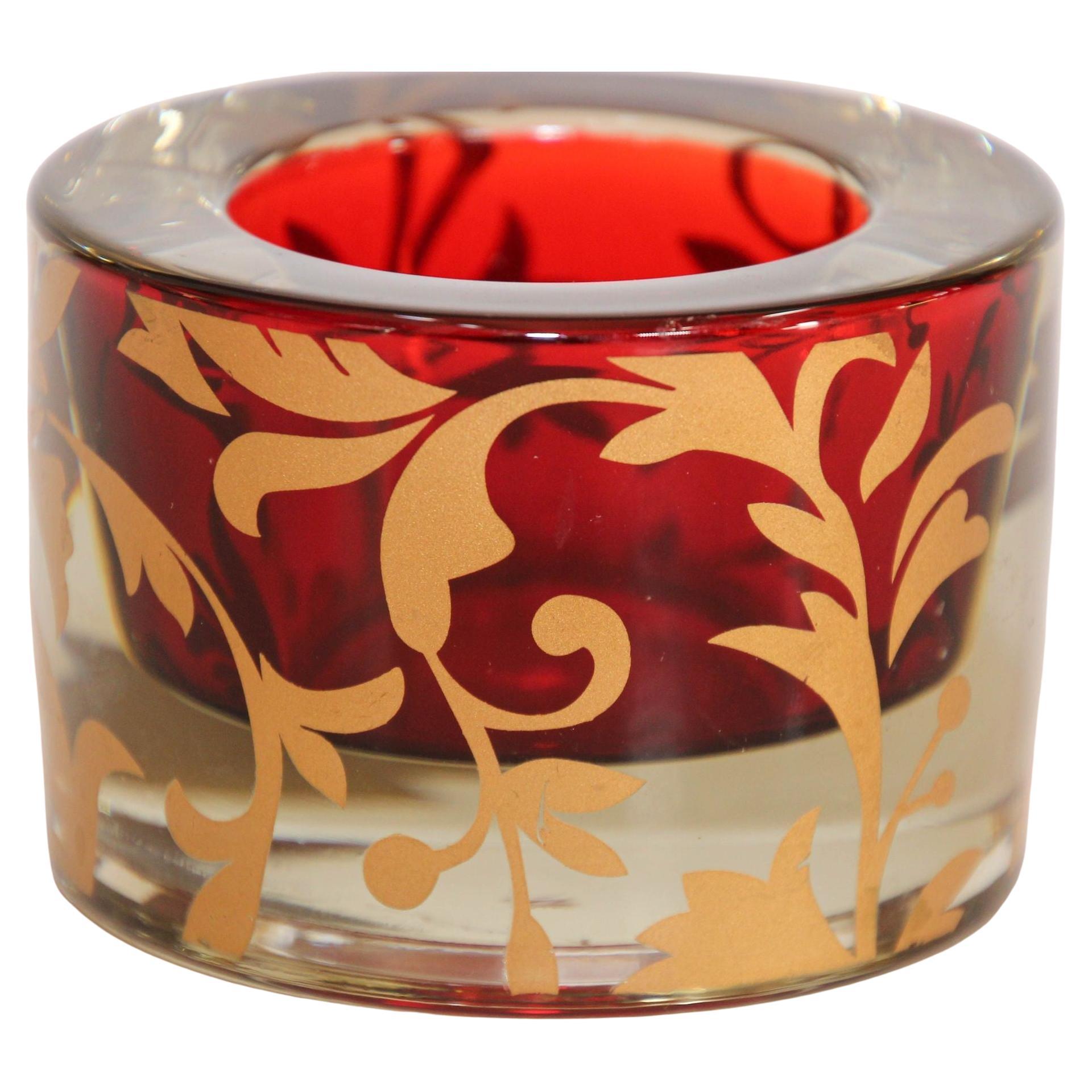Luxe Moroccan Red and Gold Glass Votive Holder with 22k Gold Moorish Floral Des For Sale