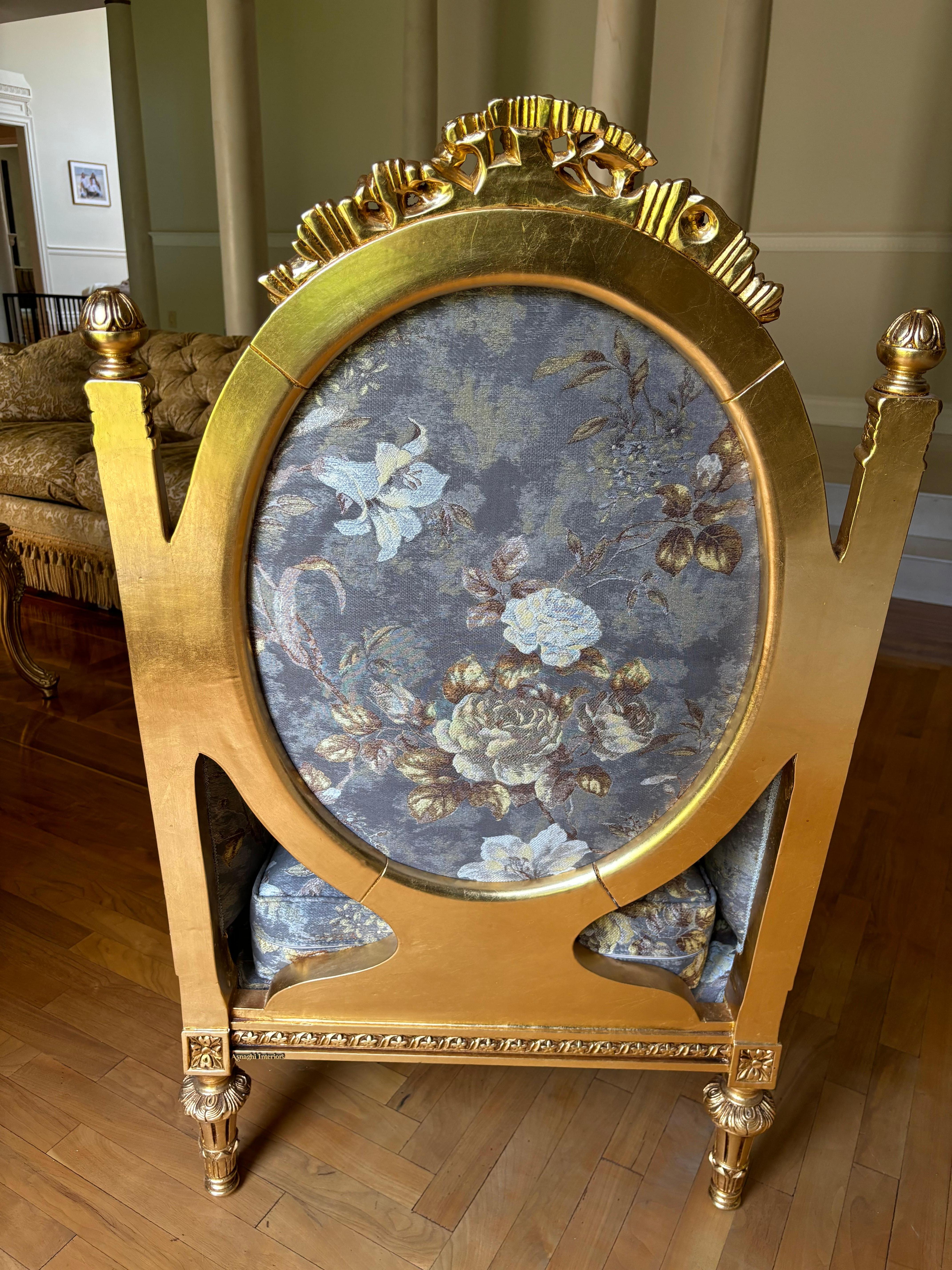Luxe Pair of Asnaghi Giltwood & Silk Armchairs For Sale 1