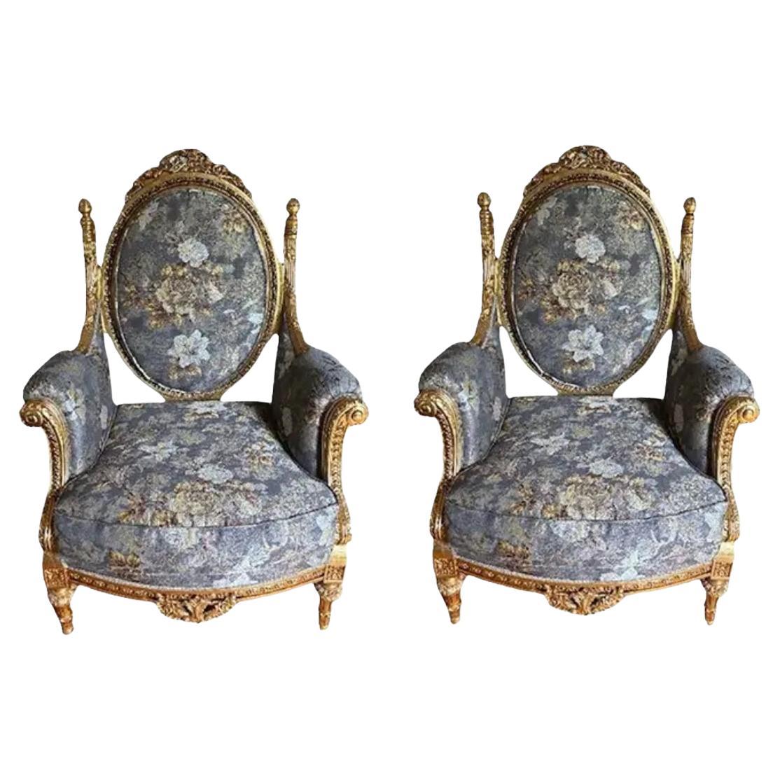 Luxe Pair of Asnaghi Giltwood & Silk Armchairs For Sale