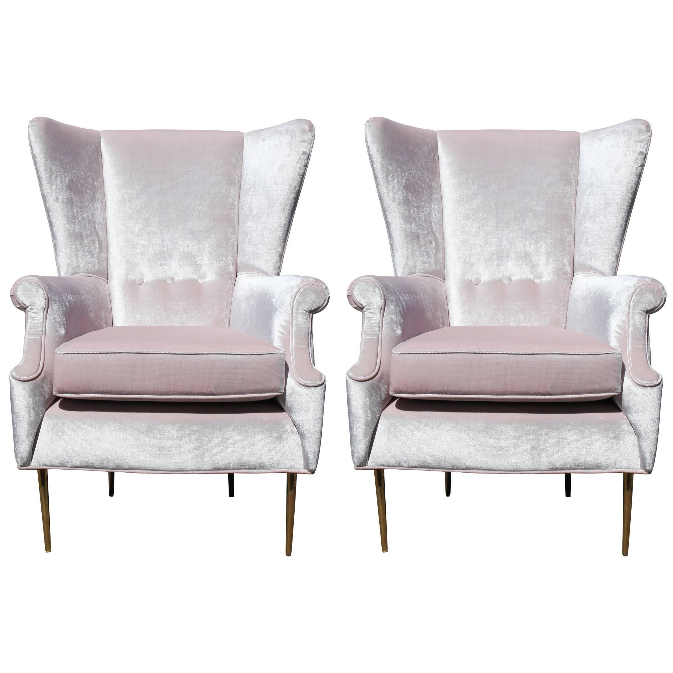 Luxe Pair of Brass Legged Modern Italian Wingback Chairs in Light Pink Velvet