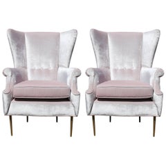 Luxe Pair of Brass Legged Modern Italian Wingback Chairs in Light Pink Velvet