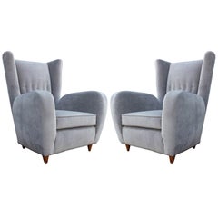 Luxe Pair of Italian Wingback Modern Lounge Chairs in Grey Velvet