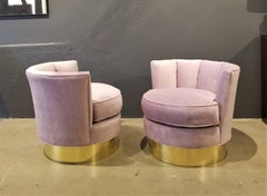 Luxe Pair of Restored Brass & Velvet Swivel Chairs Style of India Mahdavi, 1970s