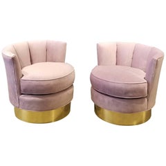 Luxe Pair of Restored Brass & Velvet Swivel Chairs Style of India Mahdavi, 1970s
