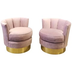 Vintage Luxe Pair of Restored Brass & Velvet Swivel Chairs Style of India Mahdavi, 1970s