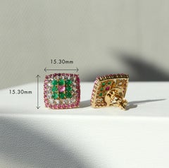 Luxe Rectangular Earrings: Pink Sapphire and Emerald Harmony in 14K White Gold