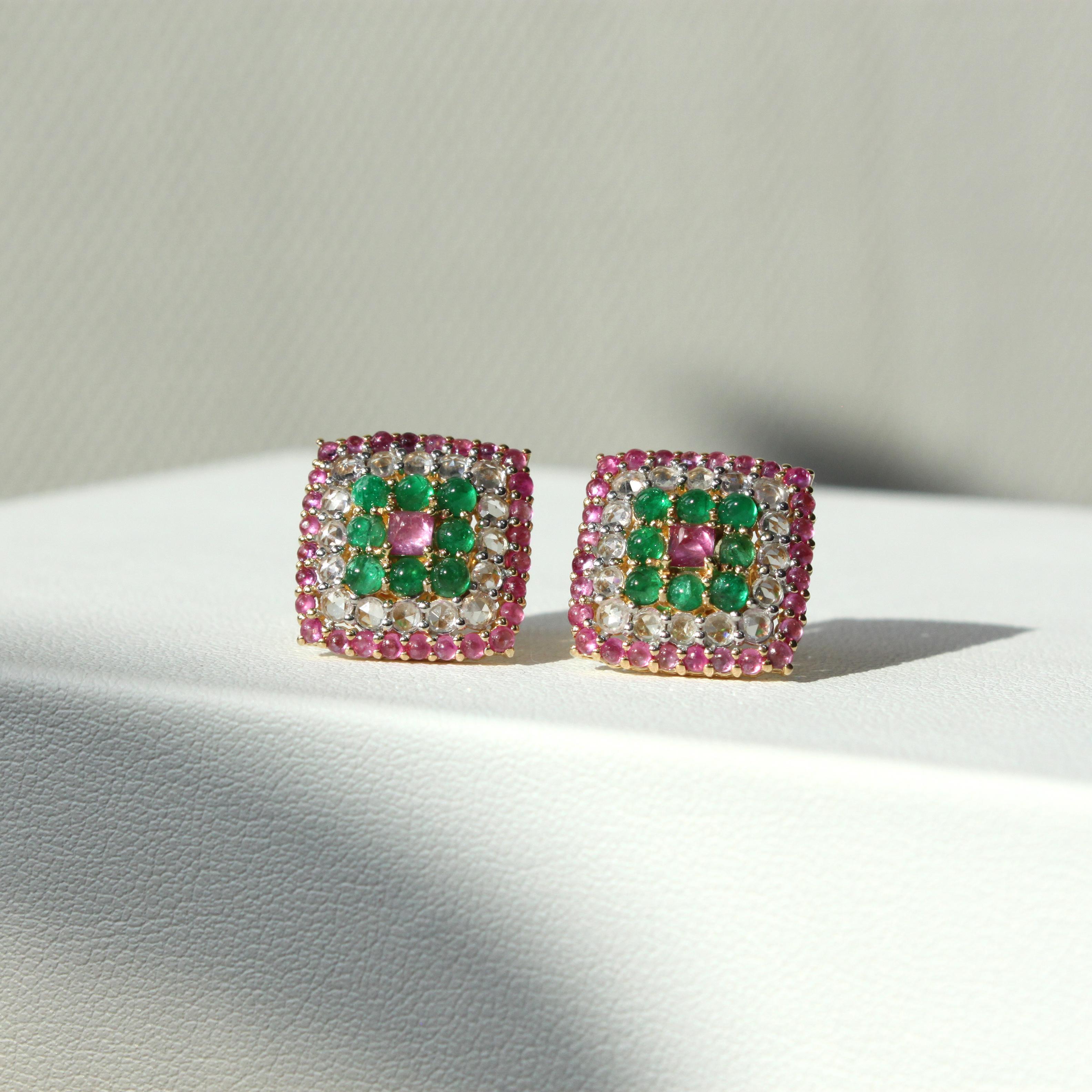 Contemporary Luxe Rectangular Earrings: Pink Sapphire and Emerald Harmony in 14K White Gold For Sale