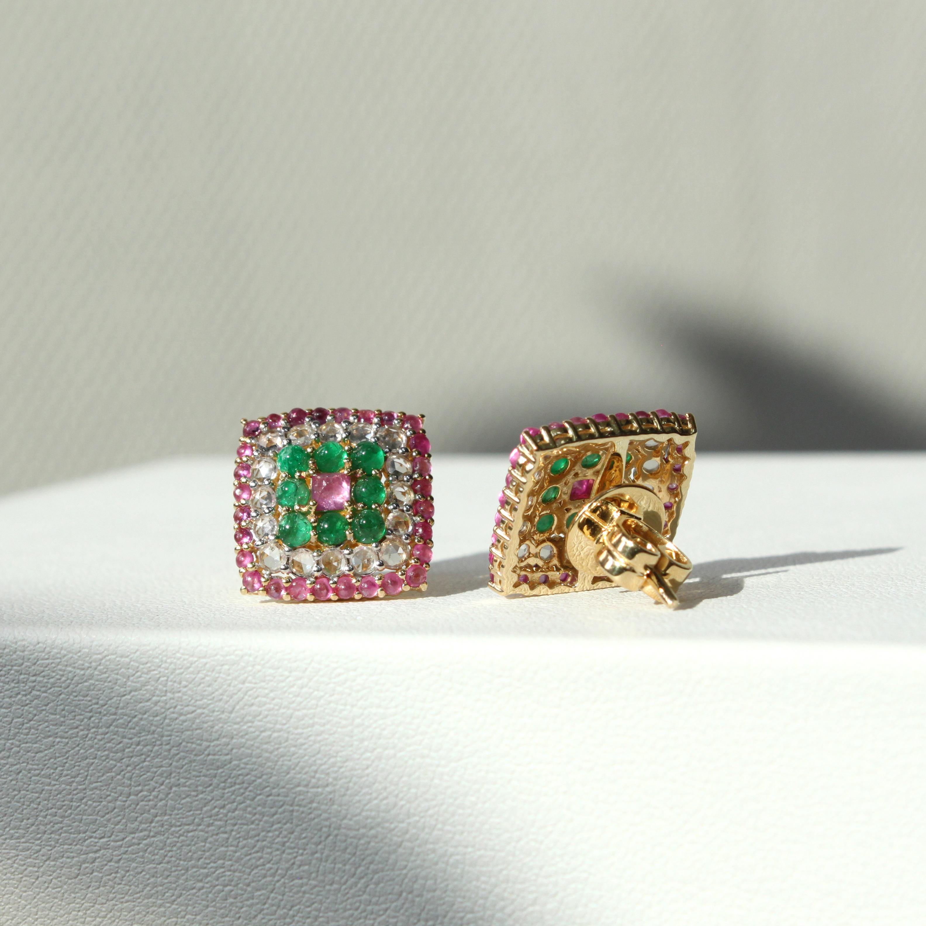 Cabochon Luxe Rectangular Earrings: Pink Sapphire and Emerald Harmony in 14K White Gold For Sale