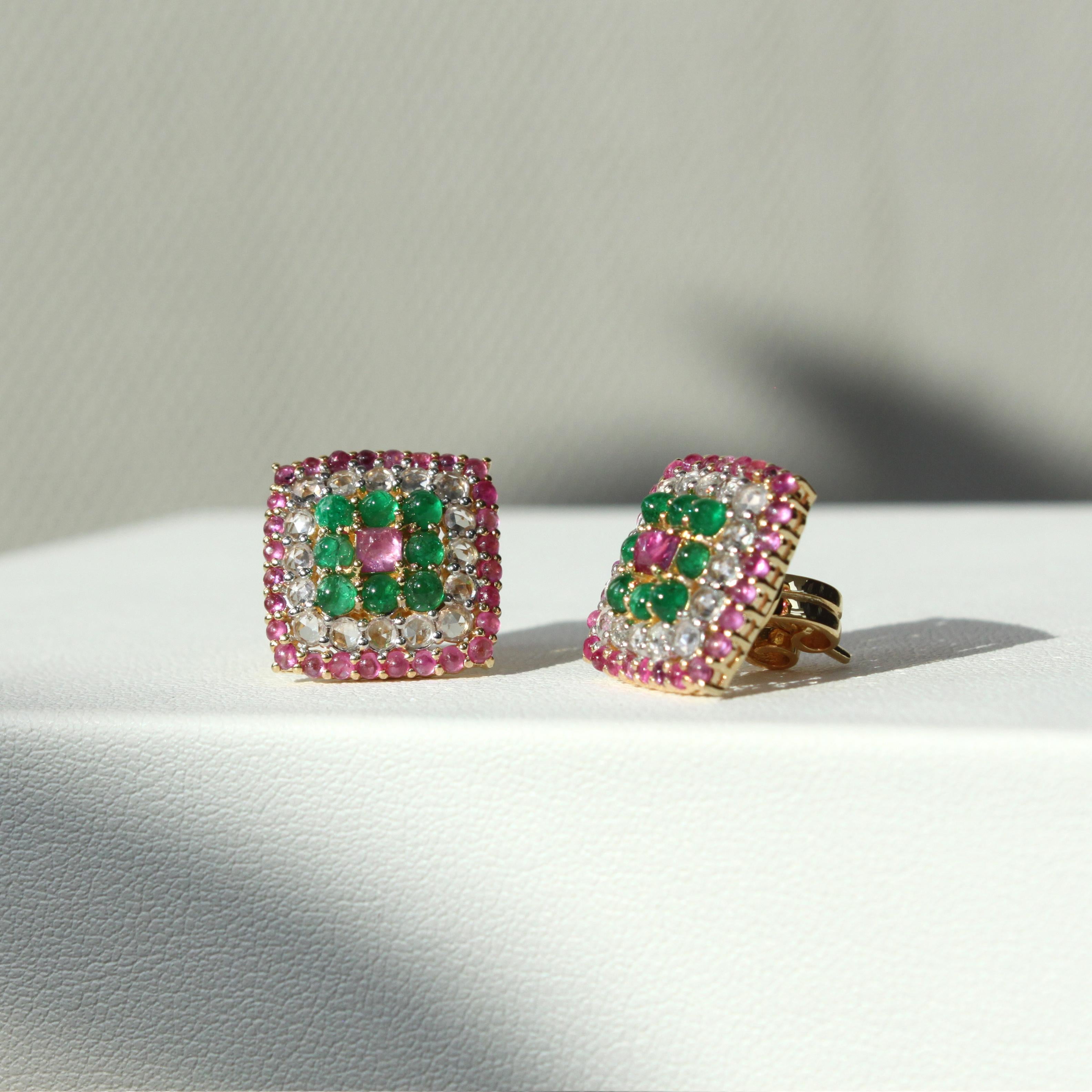 Luxe Rectangular Earrings: Pink Sapphire and Emerald Harmony in 14K White Gold In New Condition For Sale In Bangkok, TH