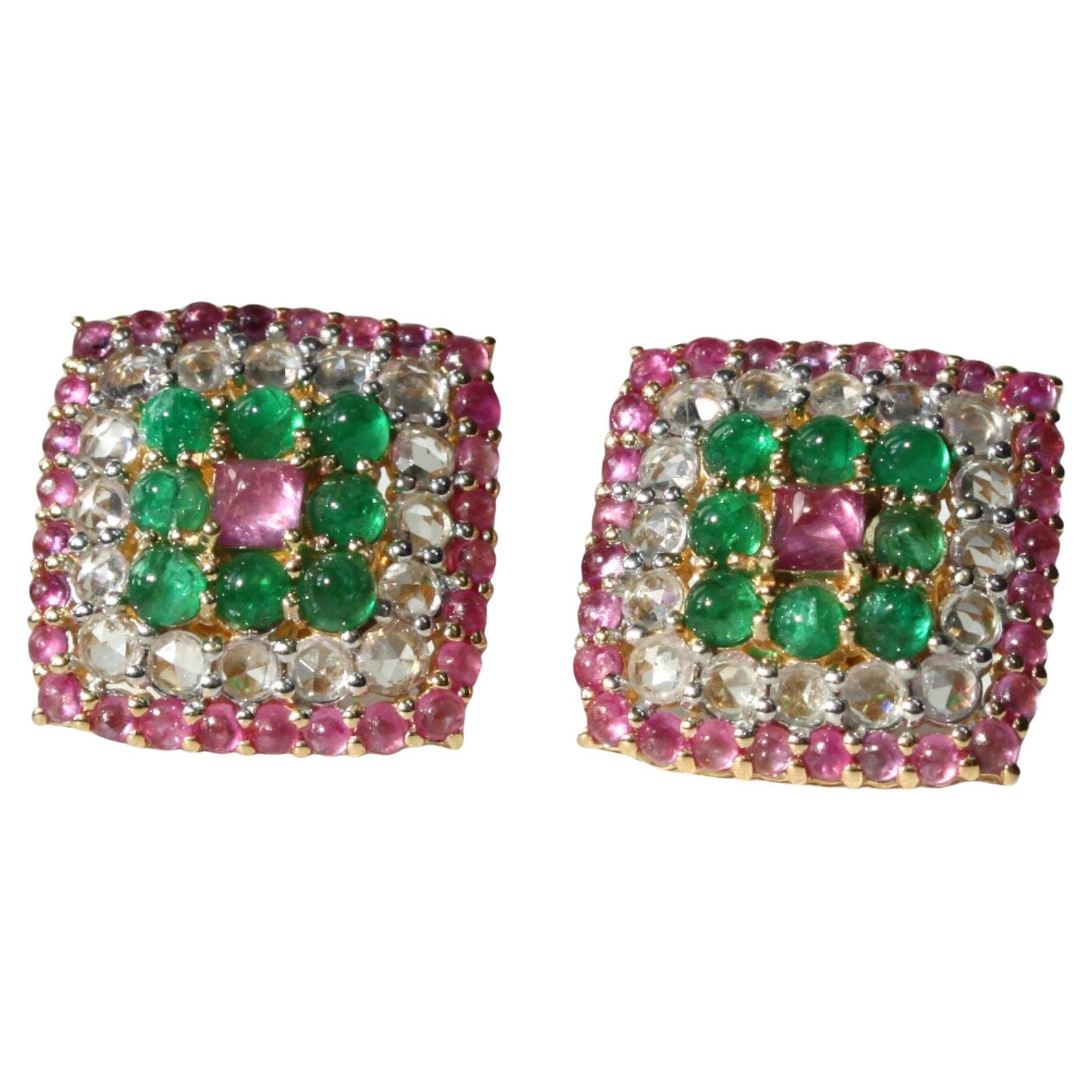 Luxe Rectangular Earrings: Pink Sapphire and Emerald Harmony in 14K White Gold For Sale