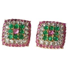 Luxe Rectangular Earrings: Pink Sapphire and Emerald Harmony in 14K White Gold
