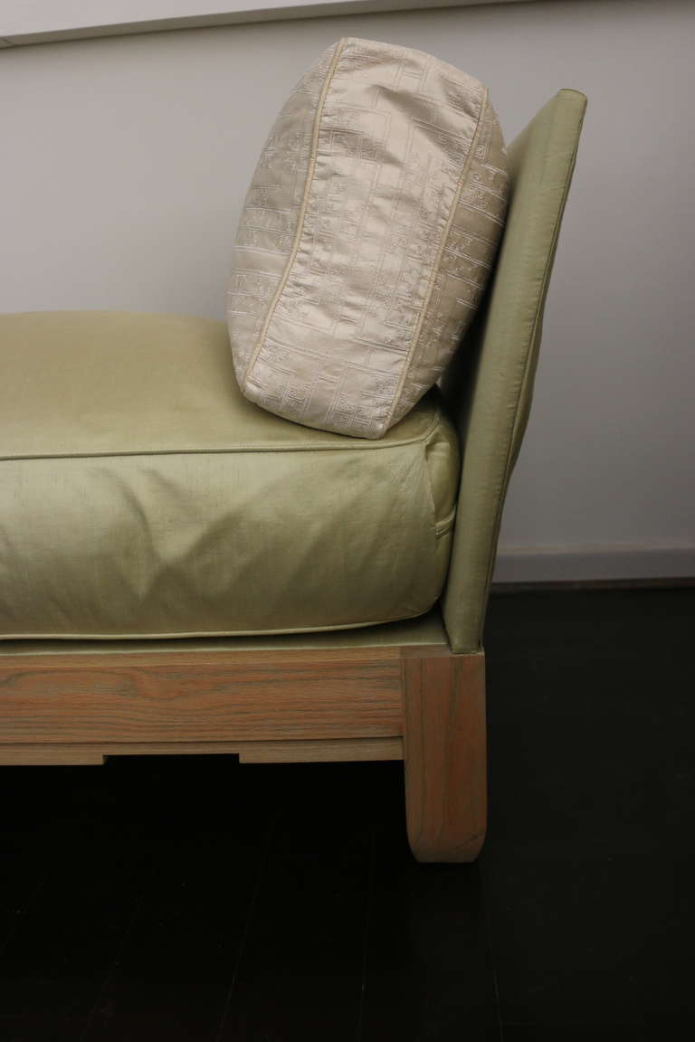 Scandinavian Modern Luxe Sister Parish/Albert Hadley Chaise Daybed Bench-Ceruse Oak, Celadon Silk For Sale