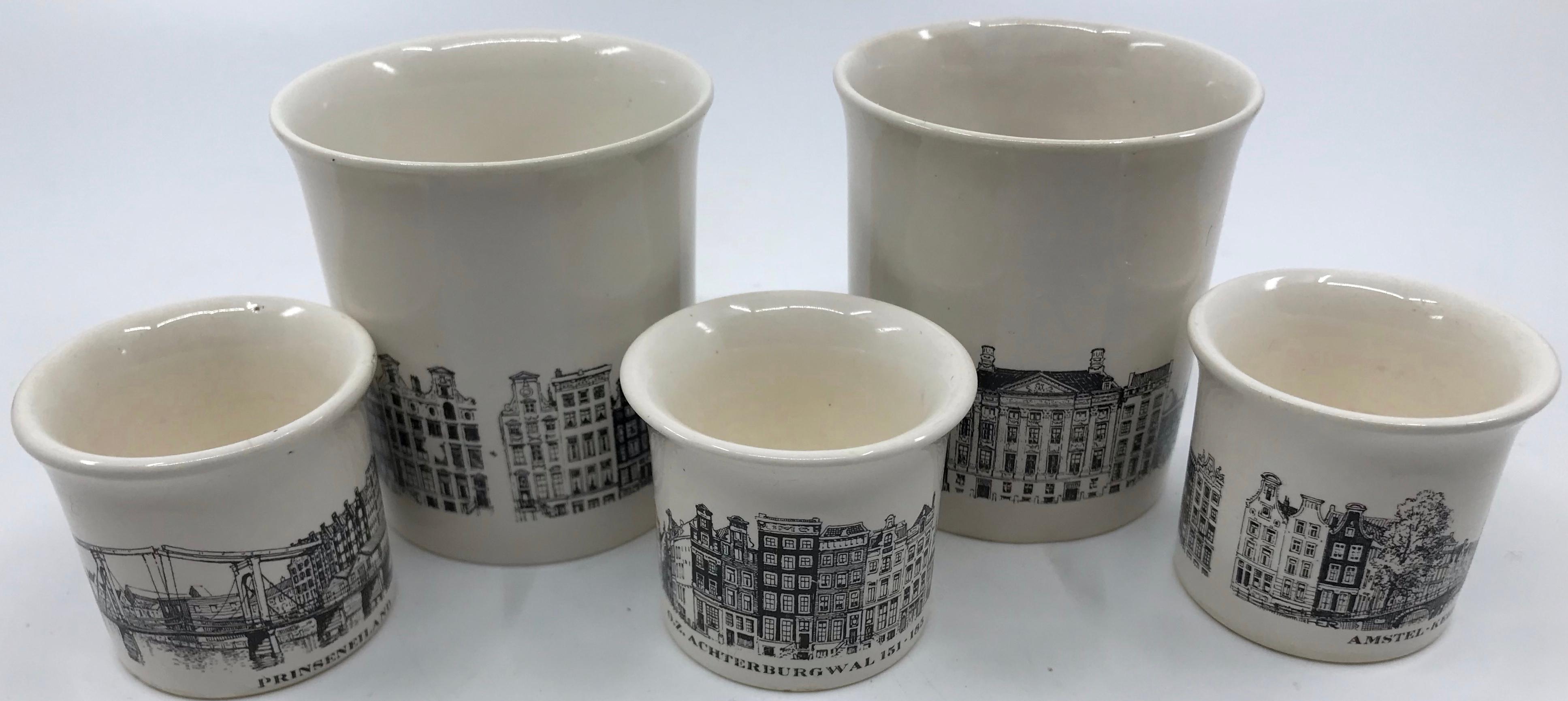 Luxembourg coffee cans. Vintage Villeroy & Boch black and white ceramic pair coffee cups and three espresso cups. Handsome black and white design with place names for the Continental coffee buff. Luxembourg, Mid-20th century
Dimensions: Pair coffee
