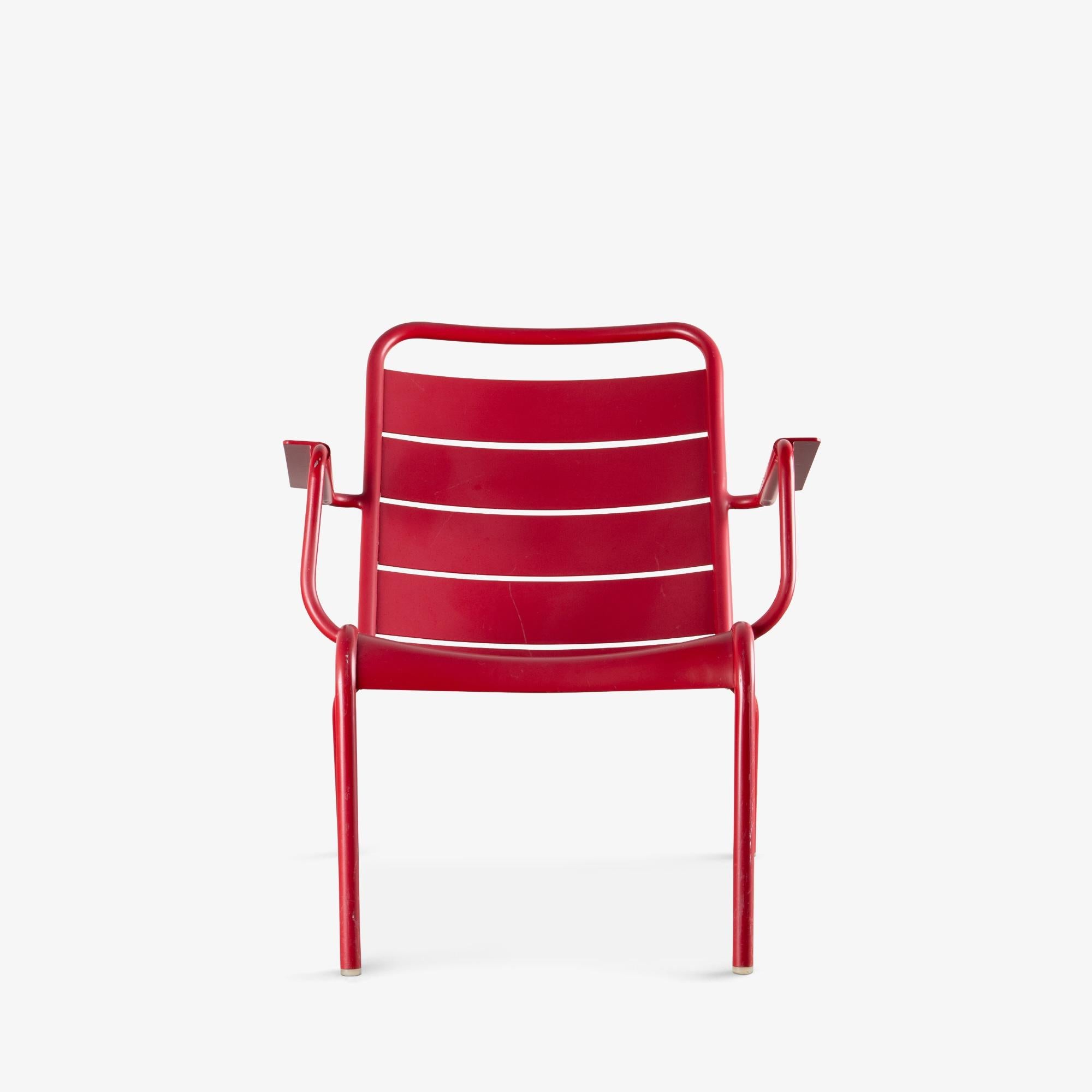 French Luxembourg Outdoor Low Lounge Chairs by Fermob in Poppy Red - A Pair For Sale