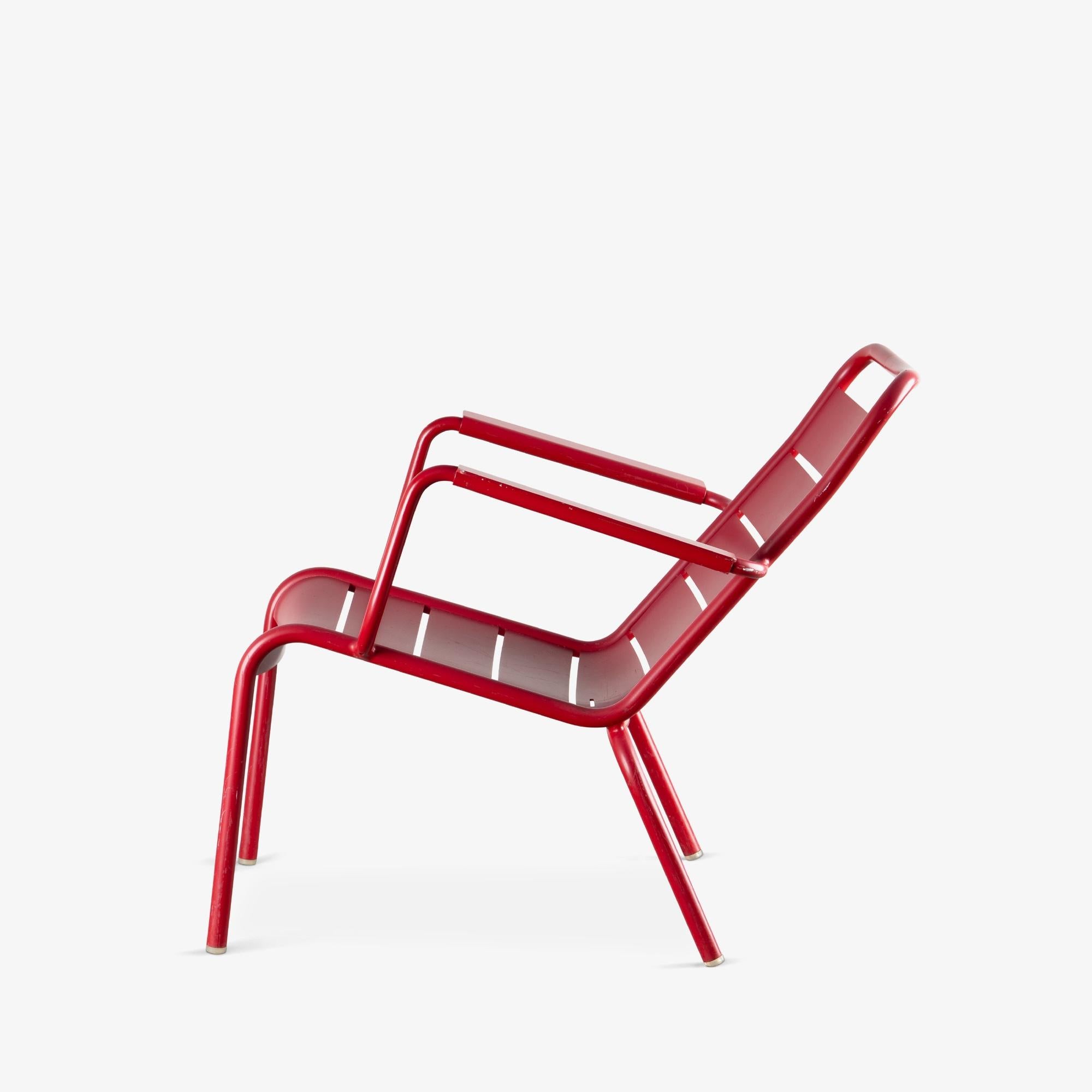 Luxembourg Outdoor Low Lounge Chairs by Fermob in Poppy Red - A Pair In Good Condition For Sale In Stamford, CT
