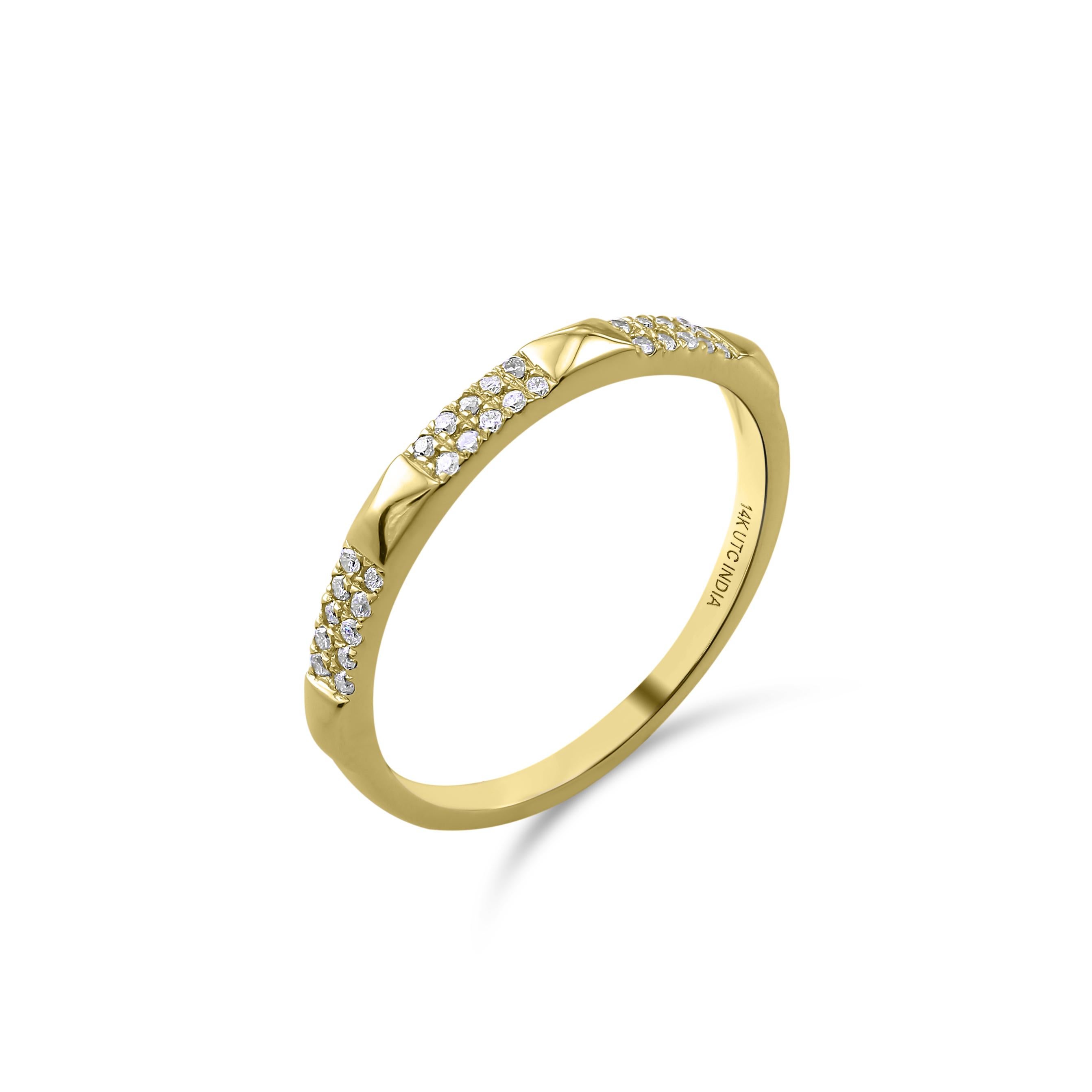 This everlasting Luxle diamond ring is made of 14K yellow gold. It shines through with ageless beauty and intricacy of workmanship. The adorned two rows of gorgeous round diamonds with GH color are between the stationed pyramids accents. The shank