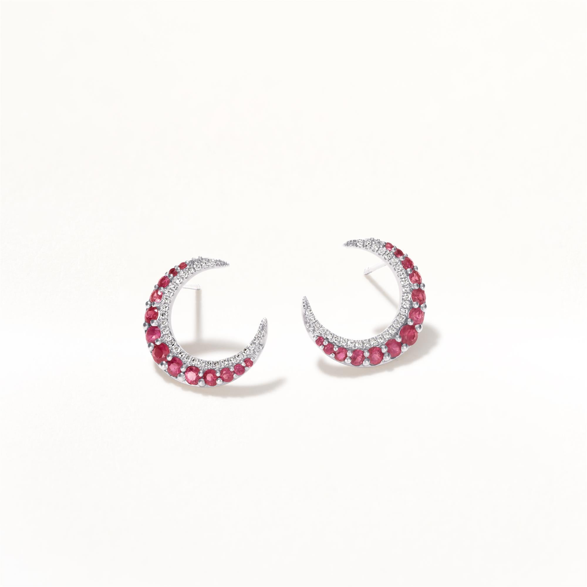 Contemporary Luxle 1.05 Cttw Natural Ruby/Diamond Crescent Moon Earrings in 14K White Gold For Sale