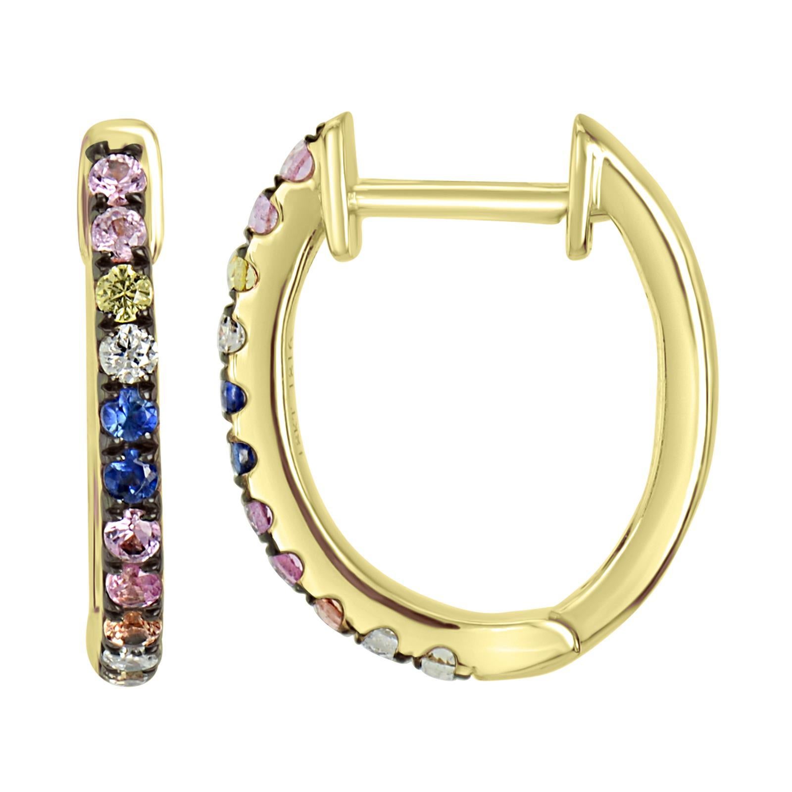 These vibrant hoop earrings are crafted from 18K yellow gold, adding a warm and luxurious touch to any outfit. The hoop features a rainbow of multi sapphires including pink, yellow, blue and diamonds arranged in a systematic arrangement, with GH