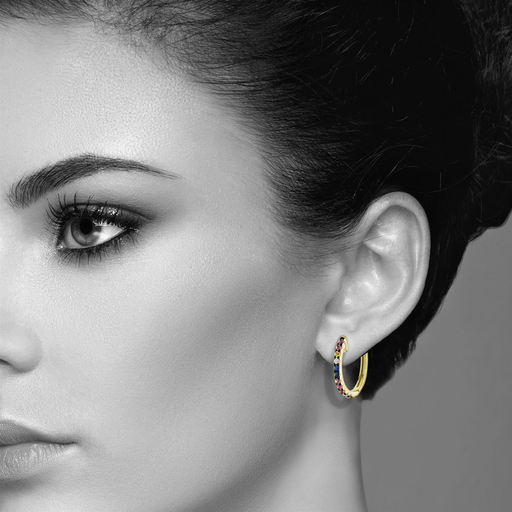 Contemporary Luxle 1/4 Cttw Natural Sapphire and Diamond Hoop Earrings in 18K Yellow Gold For Sale