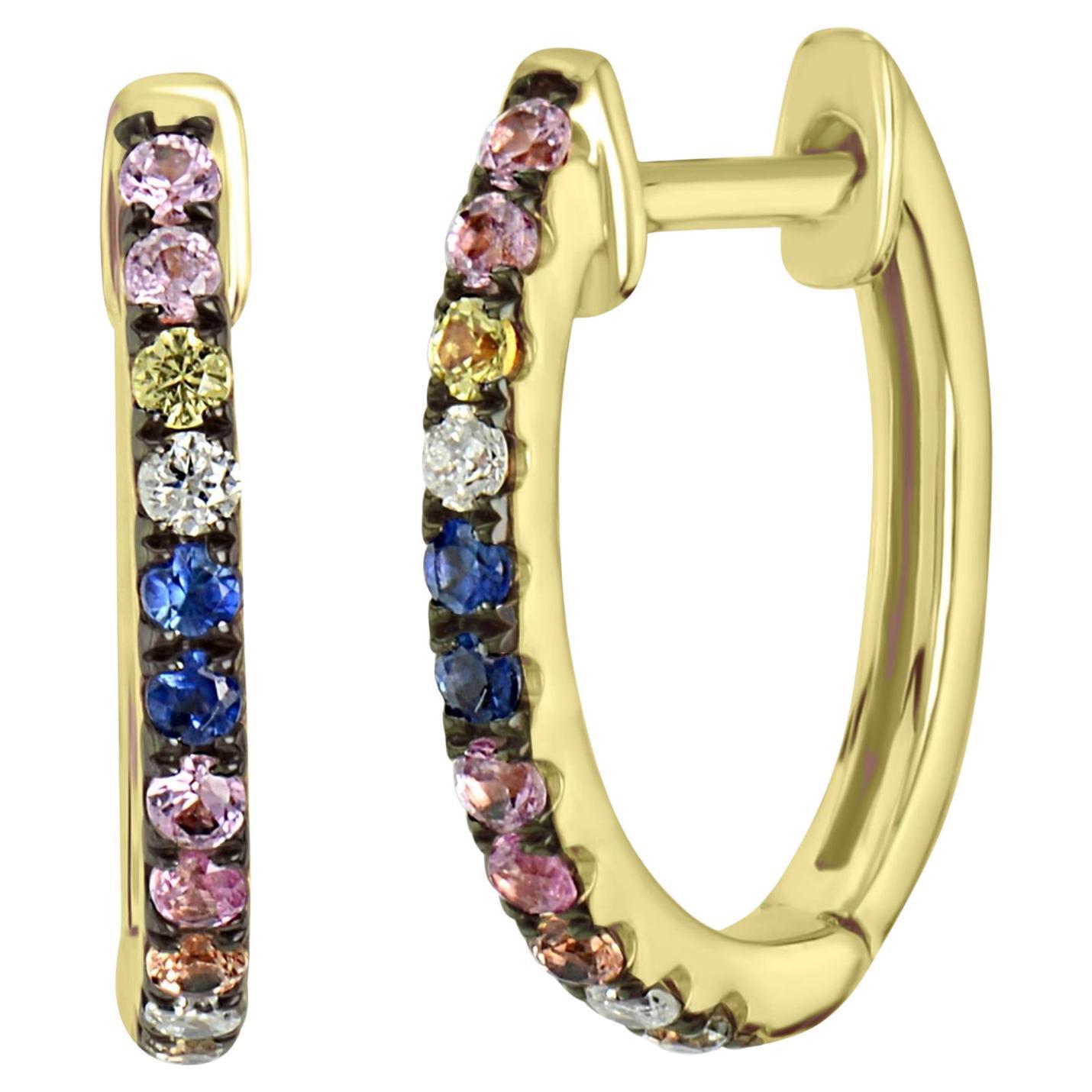 Round Cut Luxle 1/4 Cttw Natural Sapphire and Diamond Hoop Earrings in 18K Yellow Gold For Sale