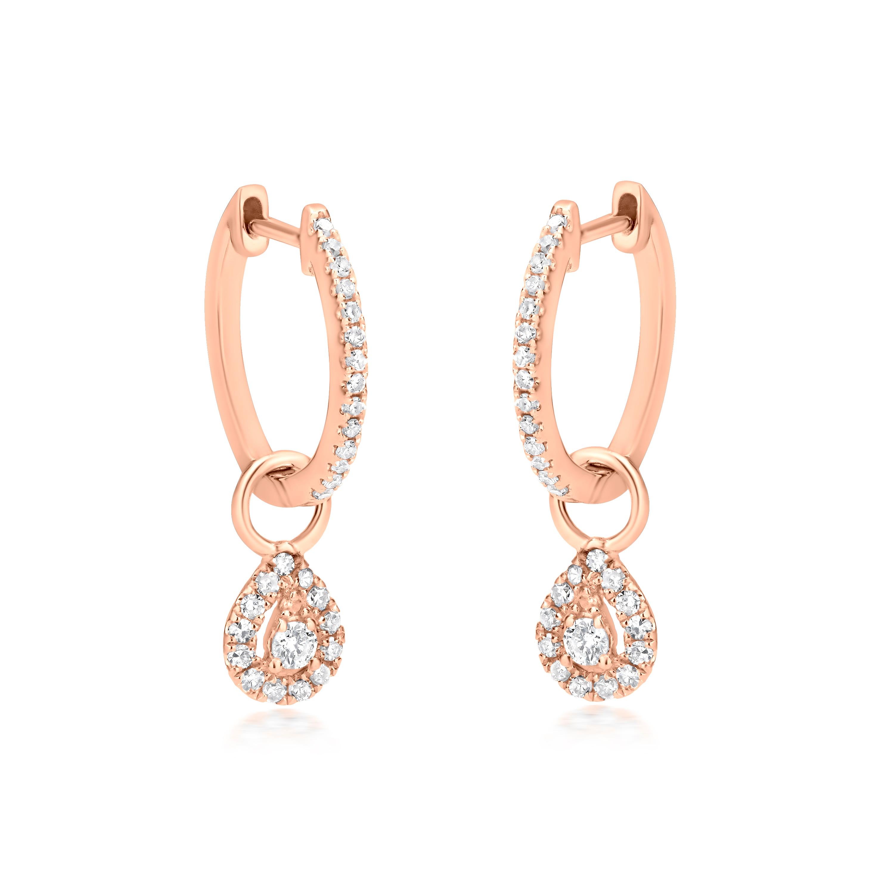 Make a dazzling statement with these Luxle teardrop hoop earrings made of 18k rose gold and real diamonds. These lobe-hugging earrings feature a stunning teardrop drop that moves with the wearer. Round full-cut and single-cut diamonds weighing 0.25
