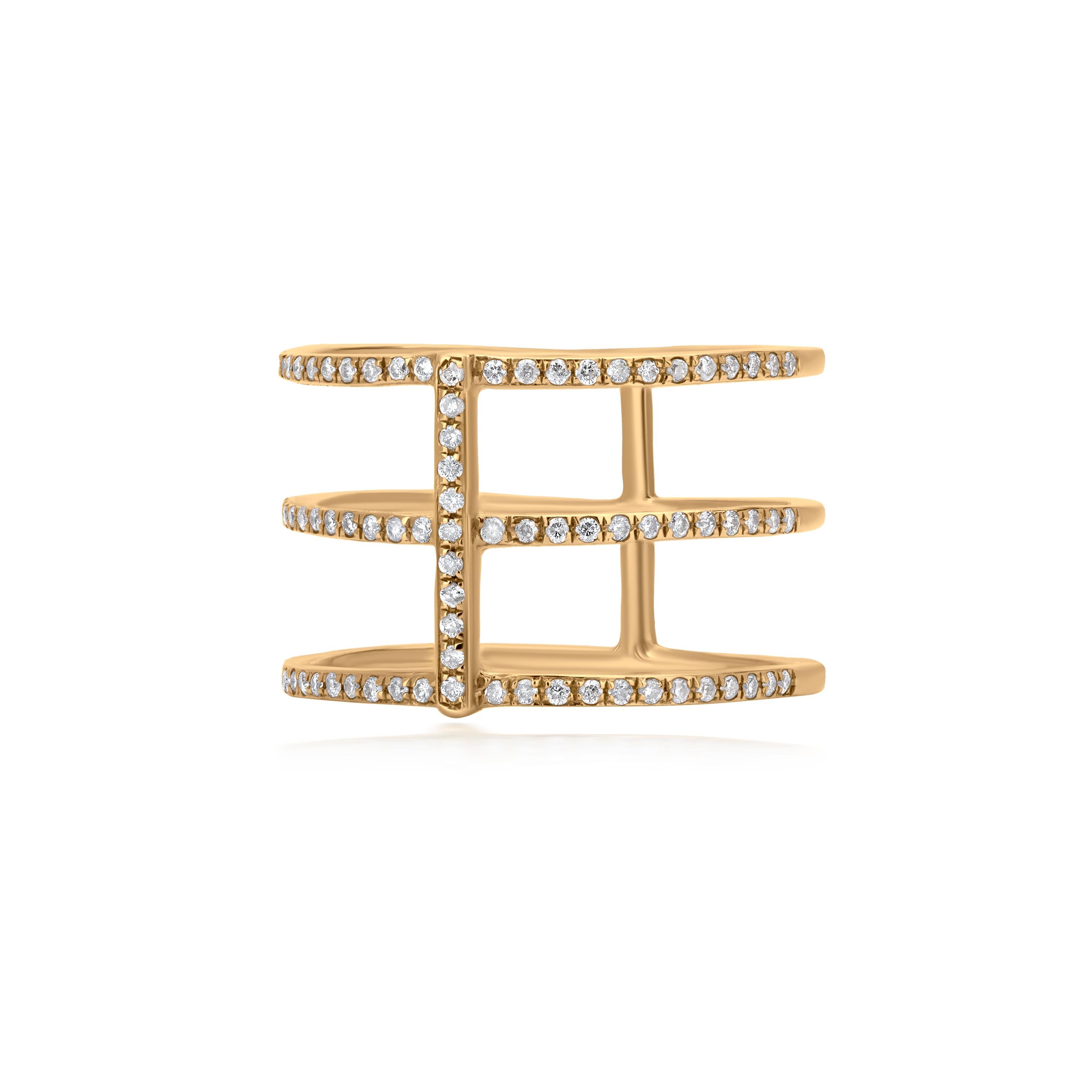 This bold and statement-making Luxle diamond triple band ring is a standout addition to any fine jewelry collection. Crafted from 14K gold, it features a unique triple-band design adorned with round diamonds with GH color and SI1 clarity exudes