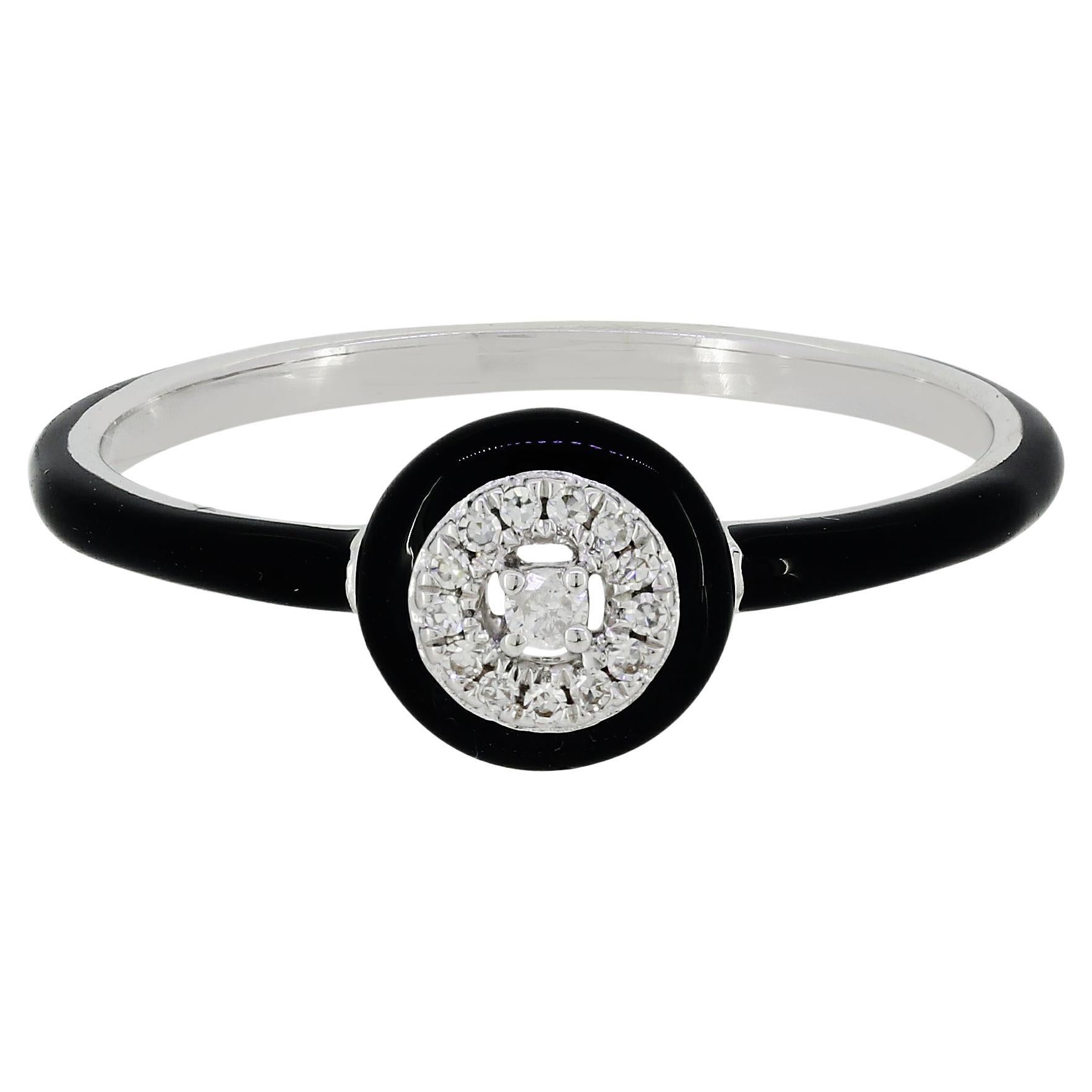 0.28 ct. pt. Bague en or blanc 18 carats, diamant naturel et émail noir, taille 7
