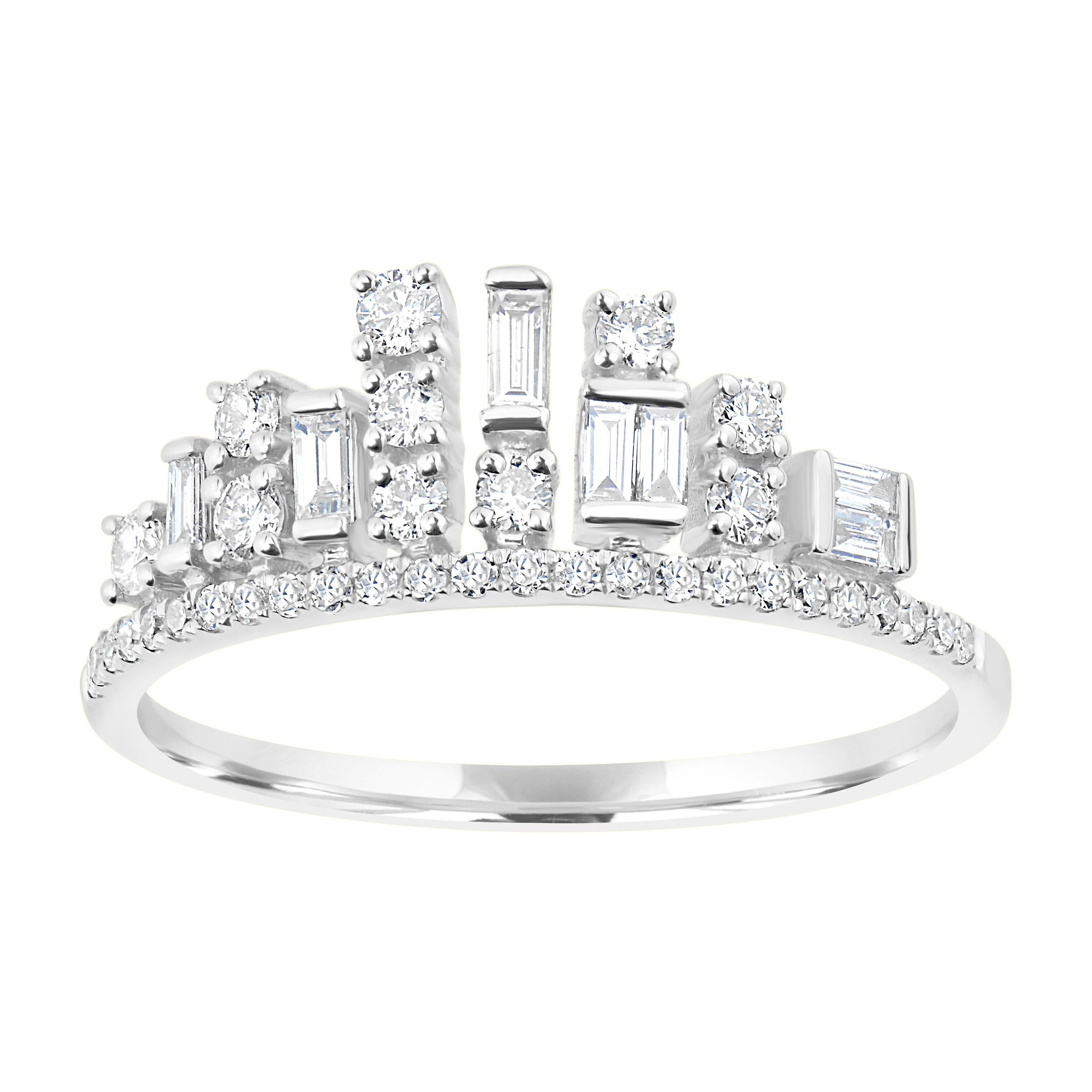 Luxle 0.31cttw Baguette and Round Diamond Crown Ring in 18k White Gold For Sale