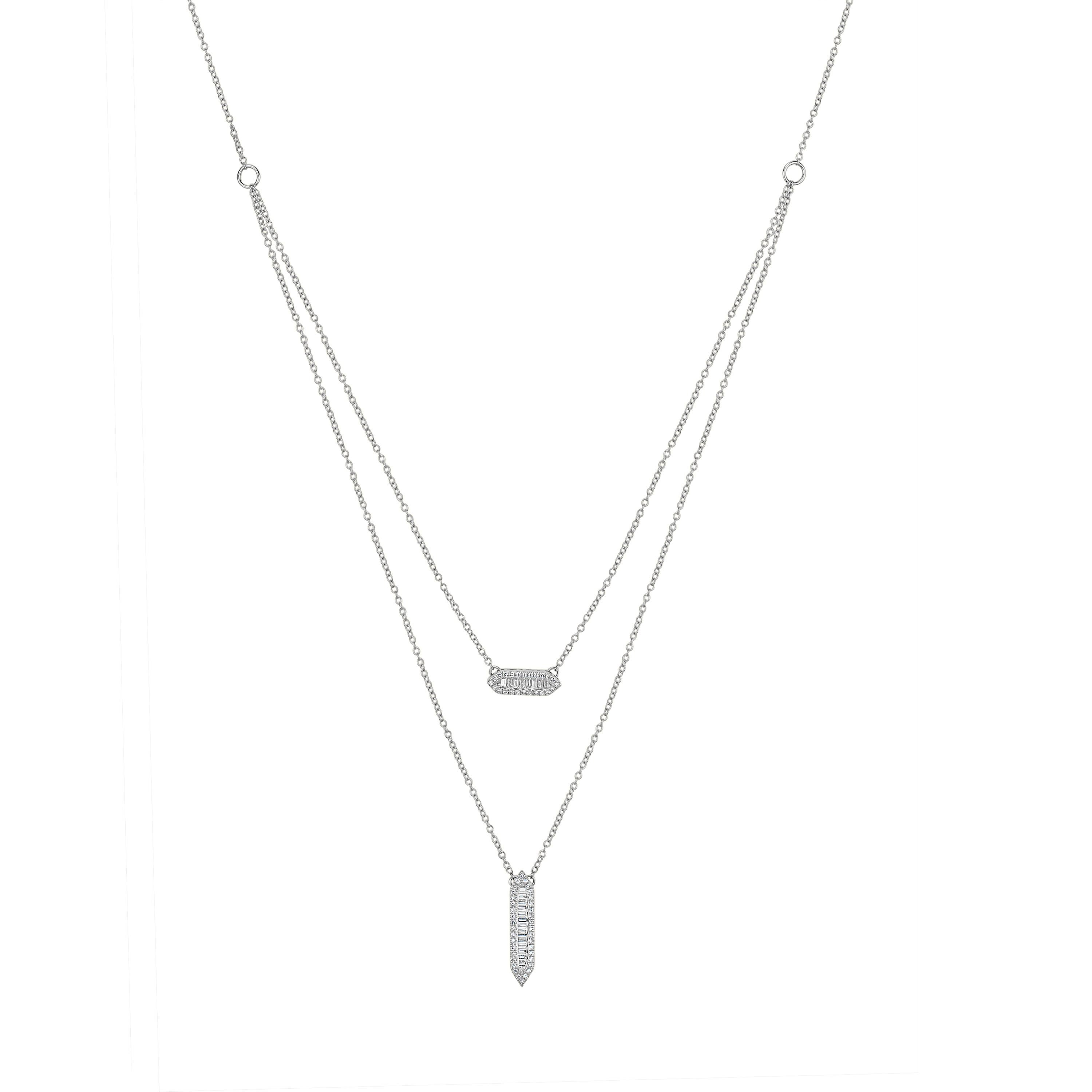 Crafted in 18K white gold this Luxle necklace is featured geometrically shaped bars. It consists of 21 baguette diamonds and 60 round diamonds on pave. It comes with a spring-ring clasp.

Please follow the Luxury Jewels storefront to view the latest