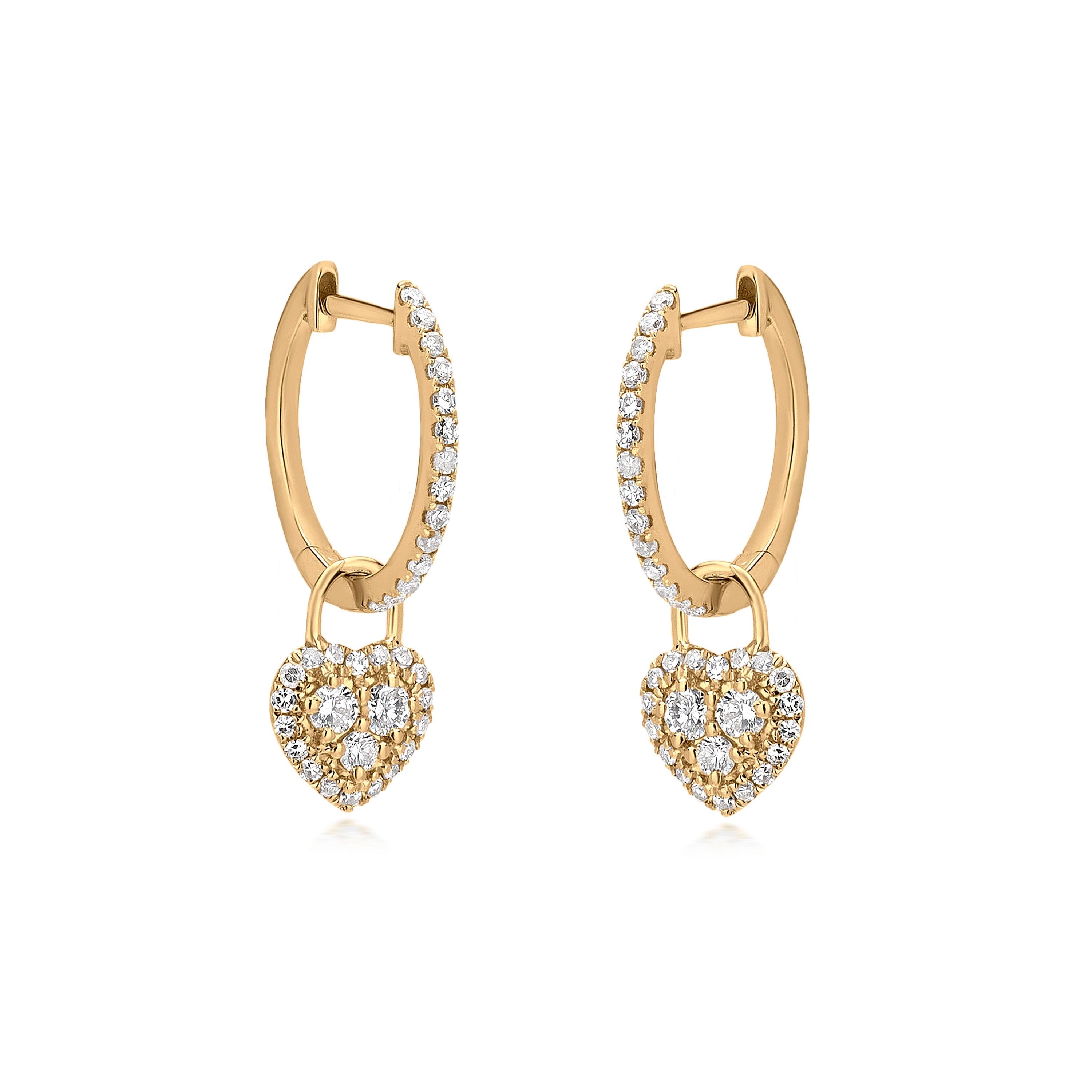 Ces boucles d'oreilles en forme de cœur de Luxle, en or jaune 18 carats et diamants étincelants, seront du plus bel effet. Une pièce sertie de diamants est au centre du motif en forme de cœur. Ces boucles d'oreilles en forme de lobe sont dotées