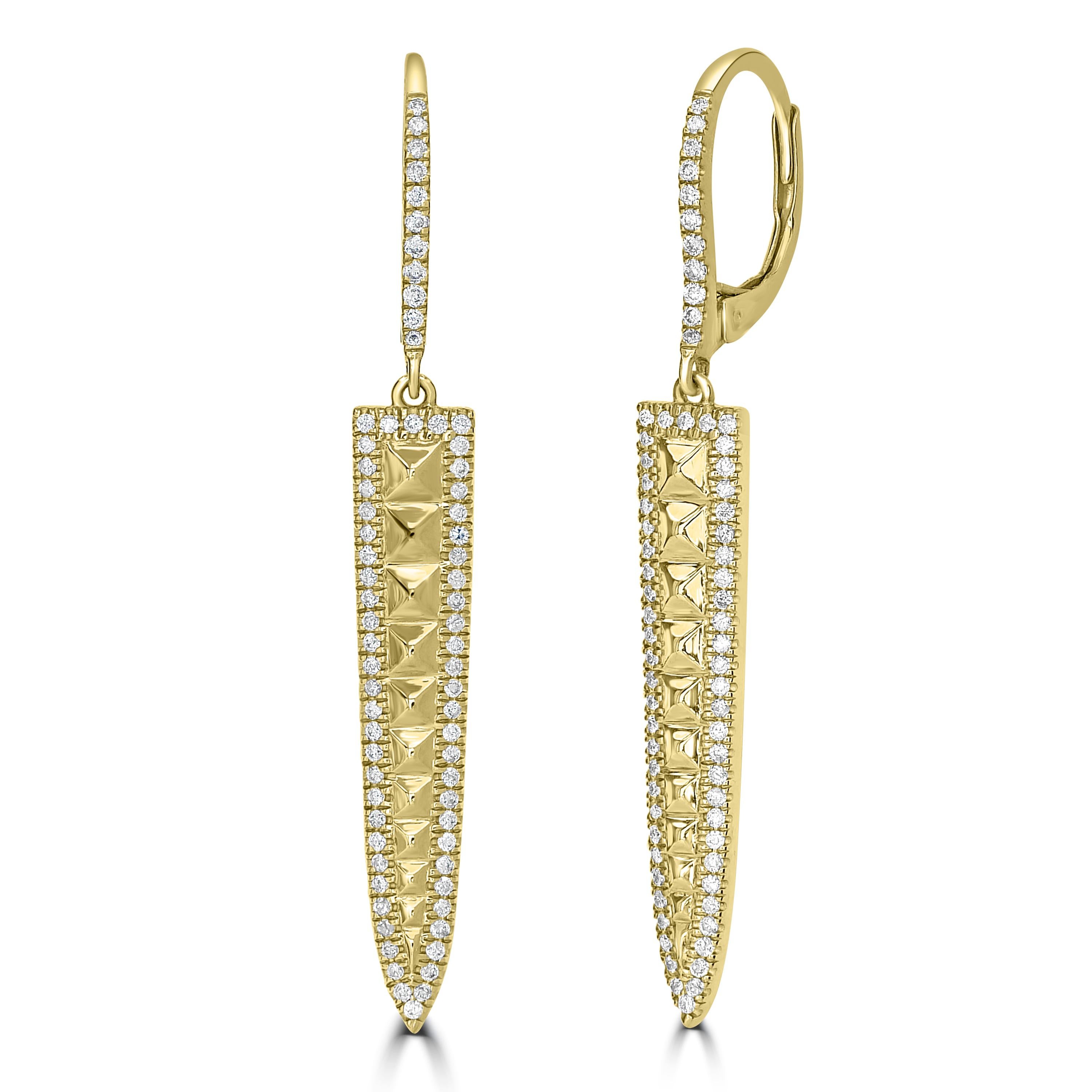 These bold and statement-making Diamond Pyramid Drop Earrings feature a unique pyramid studded motif of luxurious 14K yellow gold. The triangular earrings that cascade through multiple descending pyramids create an edgy yet luxurious look. An entire