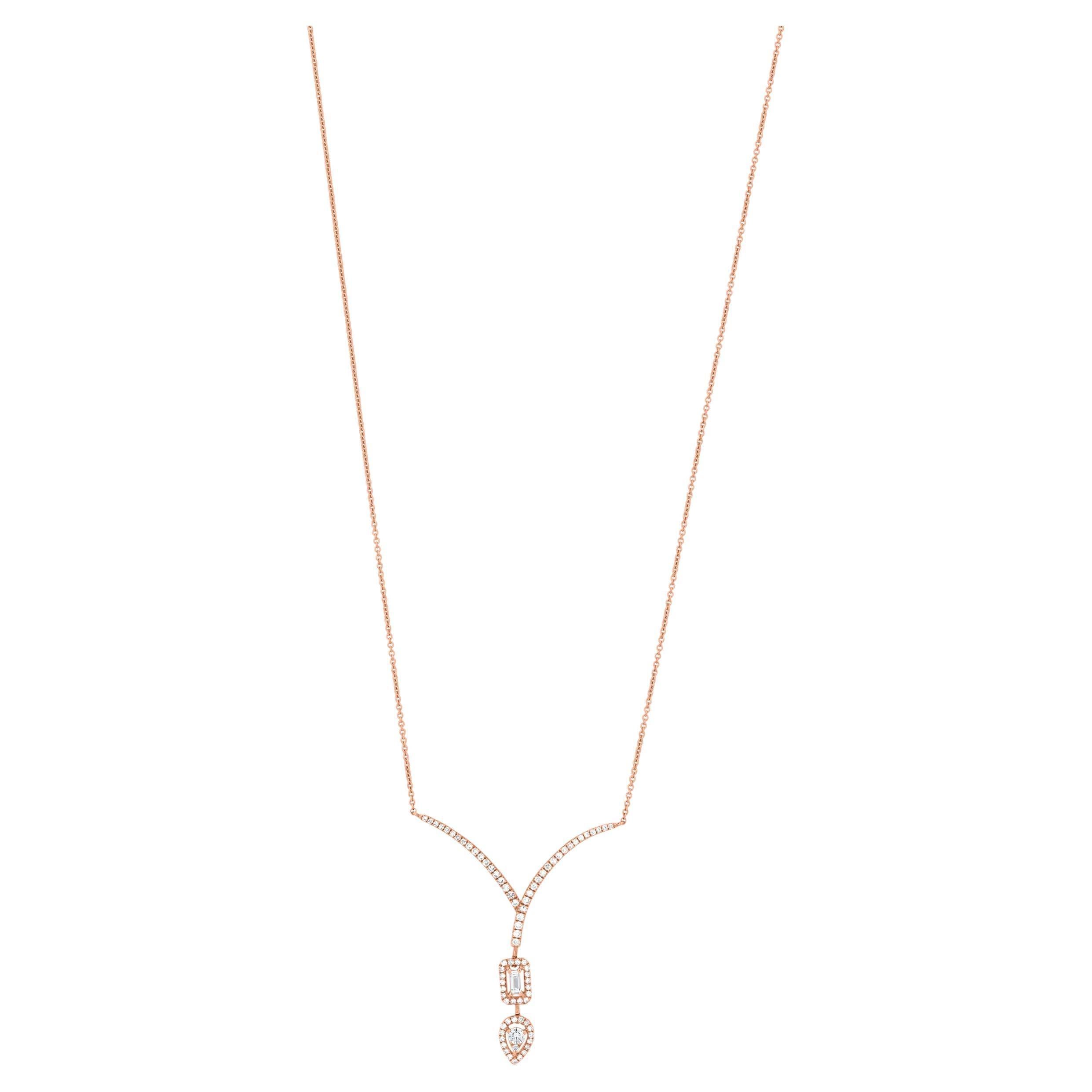 Taglio rotondo Collana Luxle con diamanti naturali a forma di Y da 0,40 Cttw e 18 pollici in oro rosa 18 carati in vendita