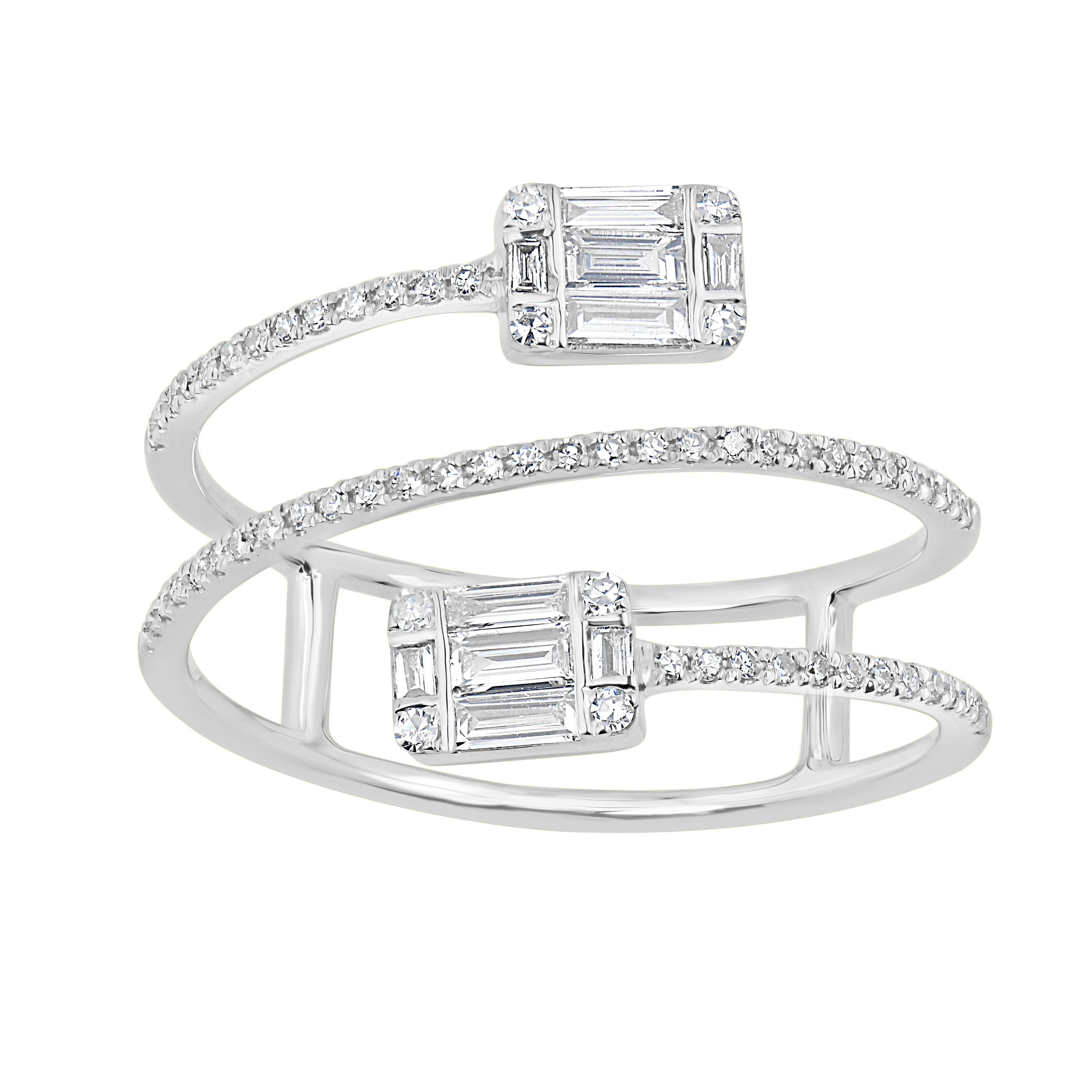 Luxle 0.50Cttw. Naturdiamant Bypass Ring 18k Weißgold , Größe 7. Dieser exquisite Ring zeigt ein einzigartiges spiralförmiges Design, verziert mit zwei rechteckigen Clustern von Diamanten im Baguetteschliff an jedem Ende. Das Band ist außerdem mit
