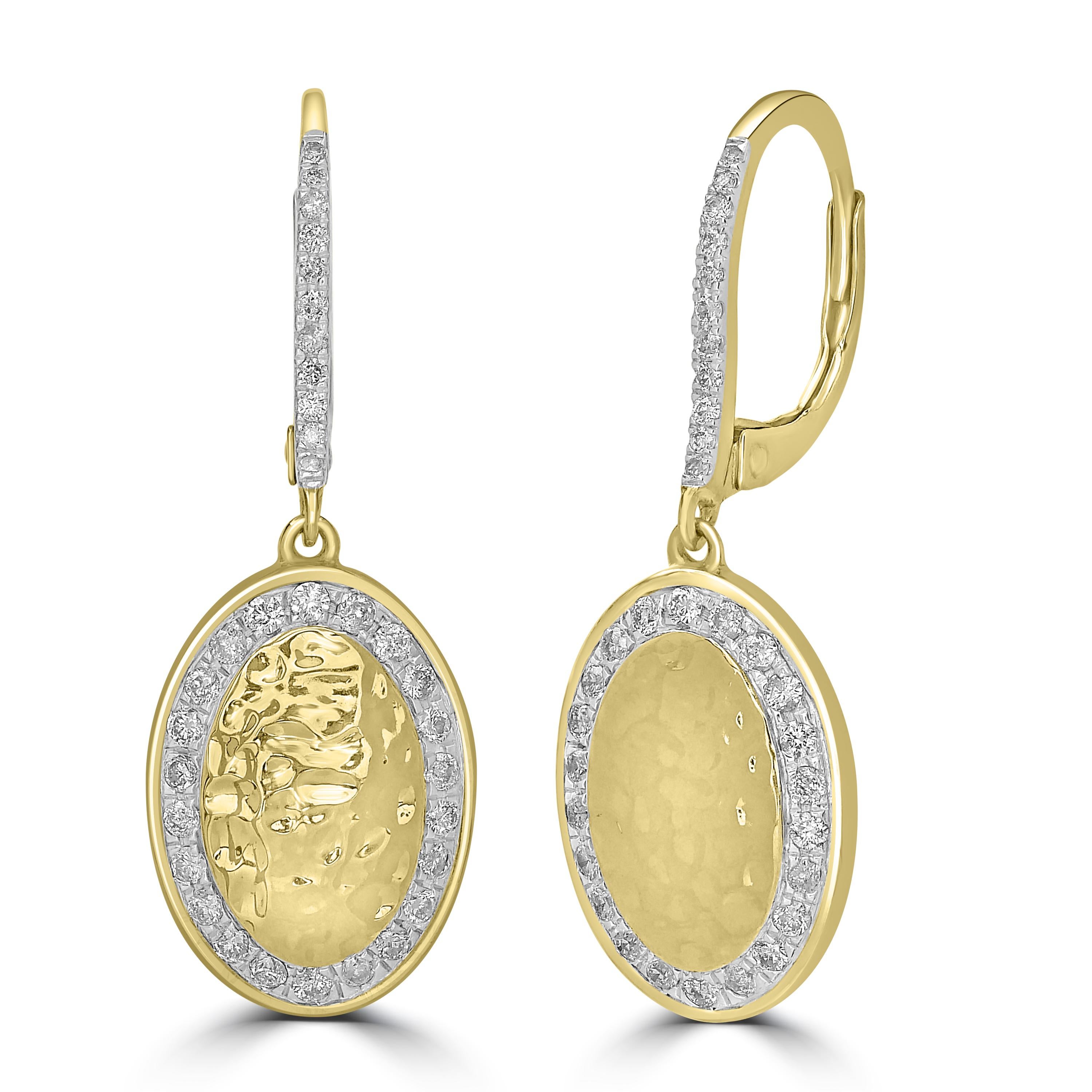 Round full-cut White Diamonds in a micro pave setting adorn this oval-shaped dangle earring with lever back style. The diamonds are I1 in clarity and GH in color, weighing 0.46 Cts. This 14K Yellow-White Gold ring is a classic example of simplicity