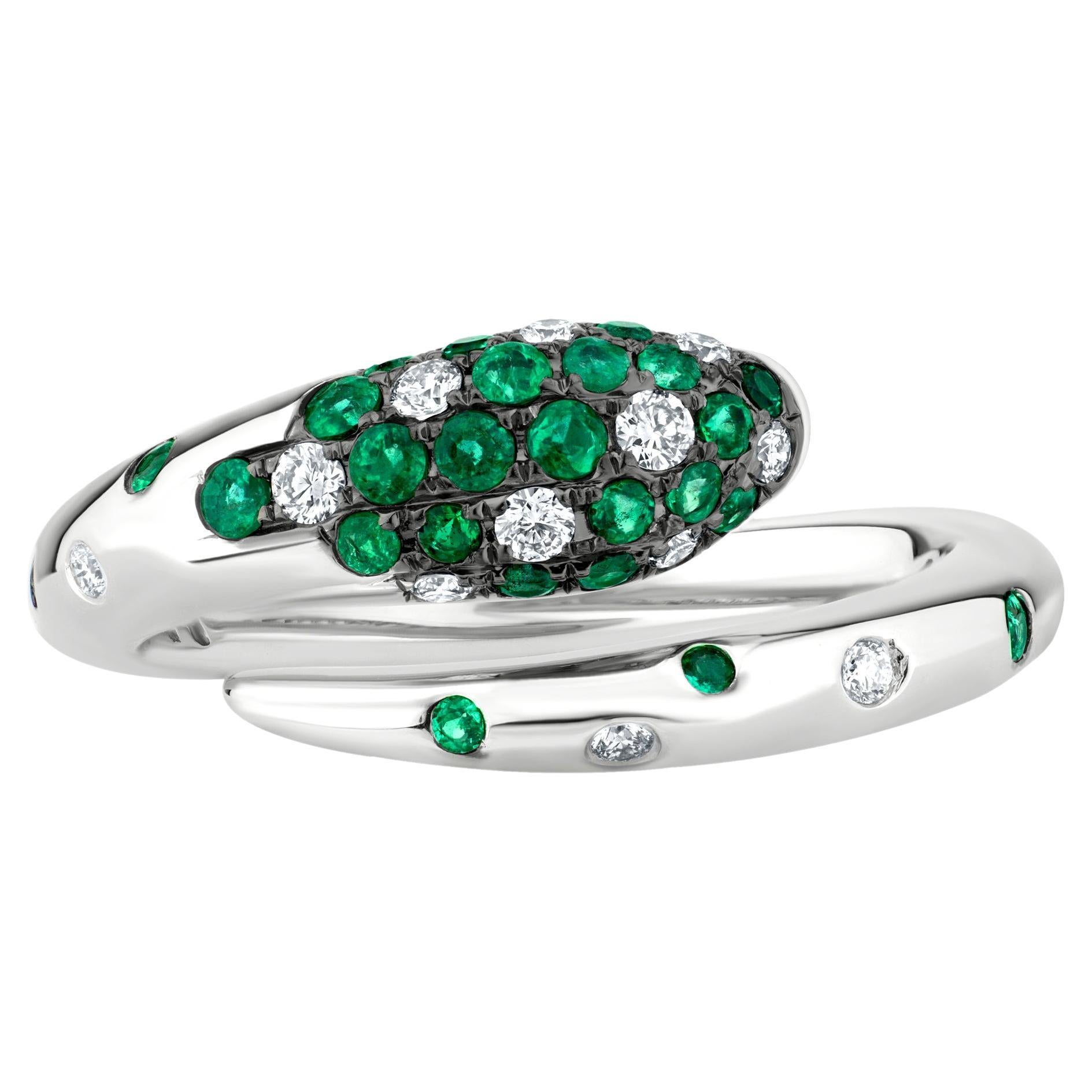 Luxle 0.48 Cttw. Emerald and Diamond Bypass Serpent Ring in 18k White Gold