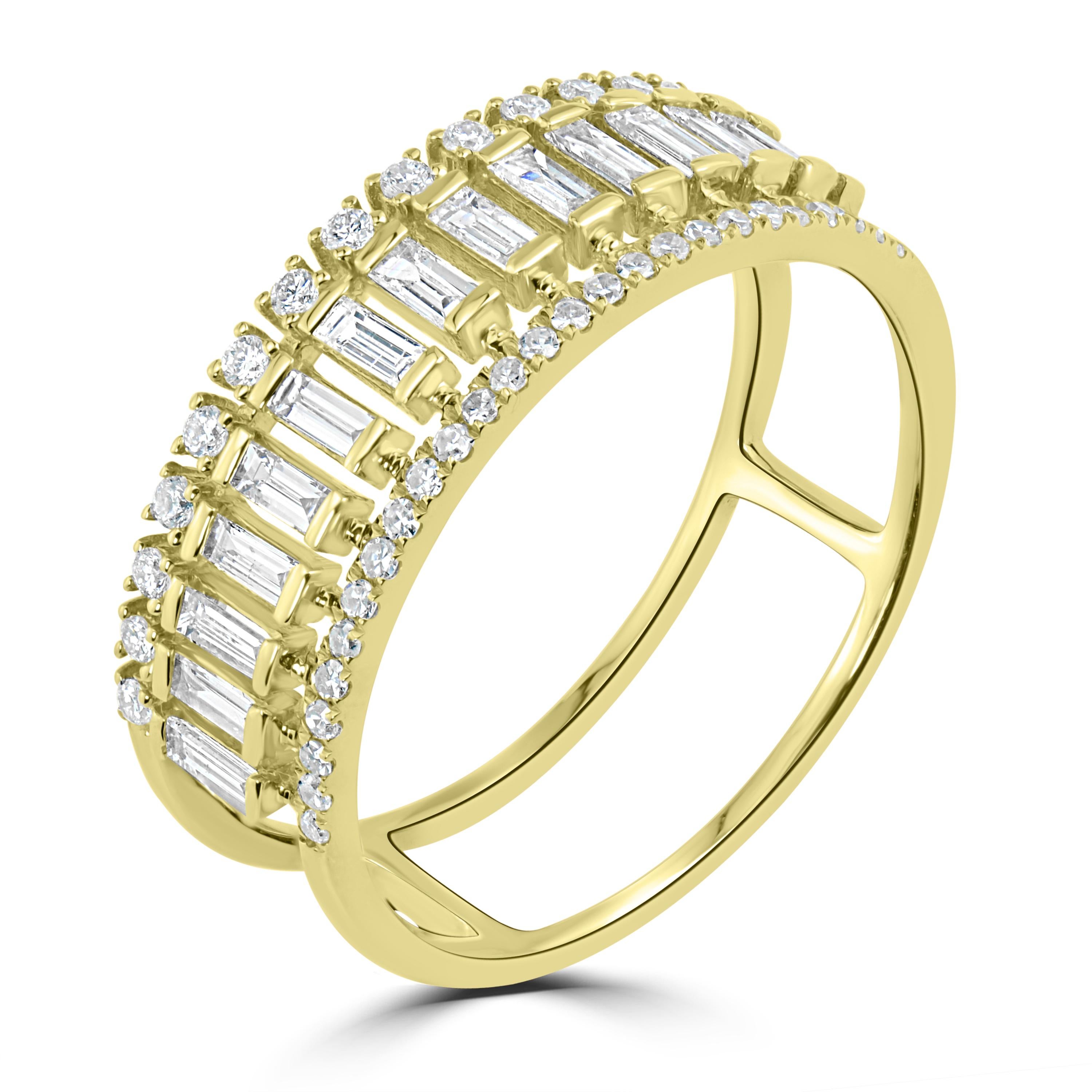 Rows of extravagant shimmer and style. This Luxle Baguette and Round Diamond Band Ring crafted in 18K yellow gold for women sparkles with 15 baguette diamonds and 41 round diamonds totaling 0.49 Cts. This yellow gold ring is showcased with