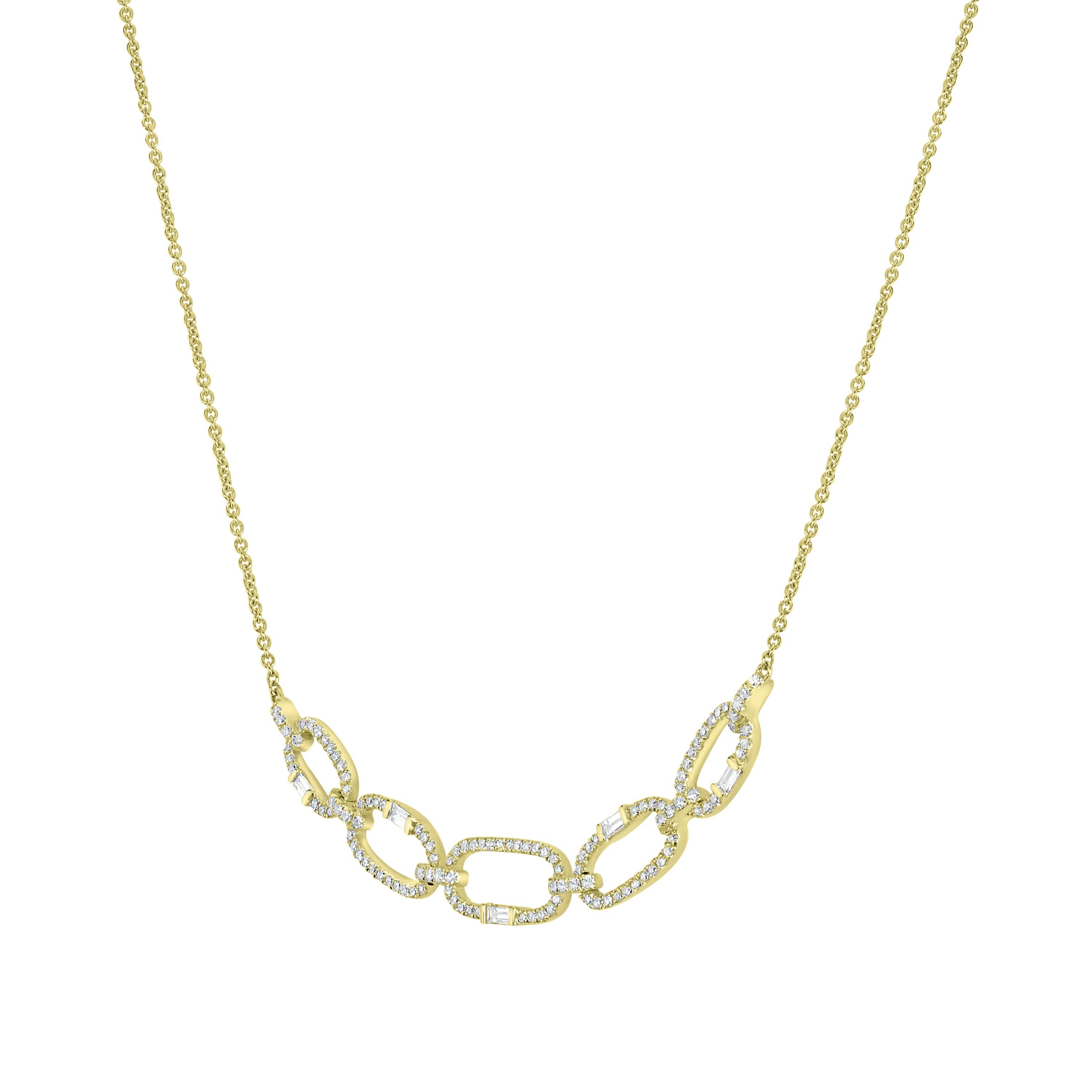Diese Luxle-Halskette mit Anhängern verleiht Ihrem Dekolleté eine moderne Silhouette. Sie ist mit schimmernden Baguettes und gepflasterten Diamanten in Gliedermustern geschmückt, die in einer 18-karätigen Gelbgoldkette mit 15 Zoll Kabel und 4 Zoll