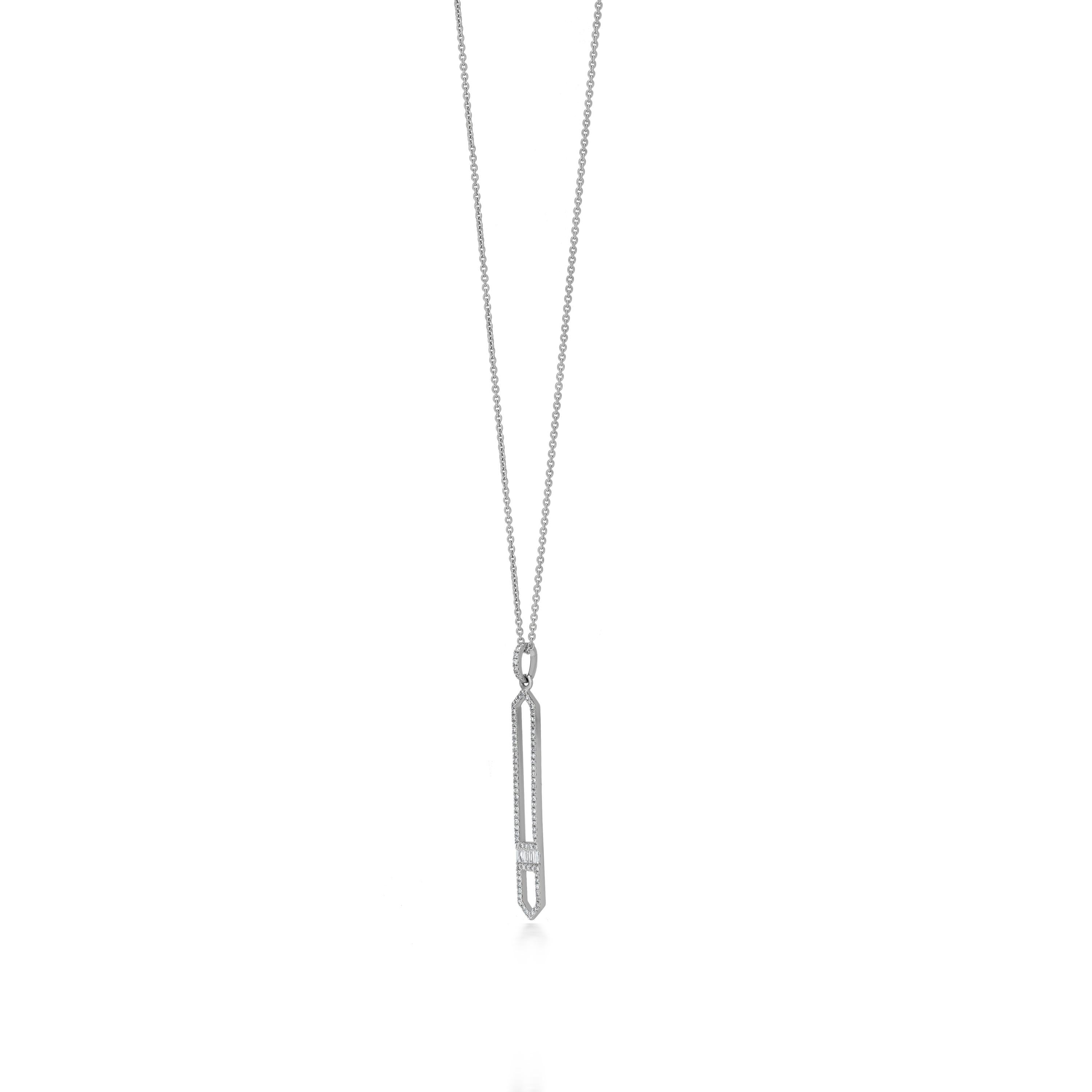 This modern and minimalist pendant necklace features a sleek, elongated design with a striking geometric hexagon frame. The necklace's clean lines and delicate diamond accents create a sophisticated and timeless look. The hexagon is fully adorned