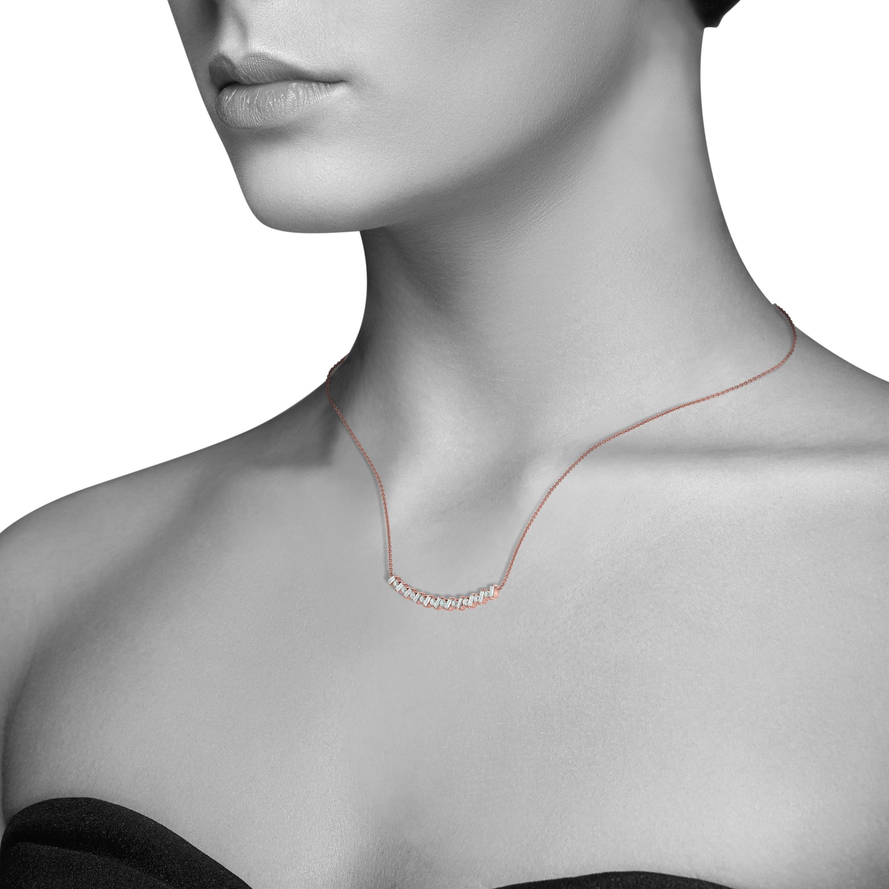 Contemporary Luxle 0.50cttw, Round and Baguette Diamond Curve Bar Necklace in 18k Rose Gold