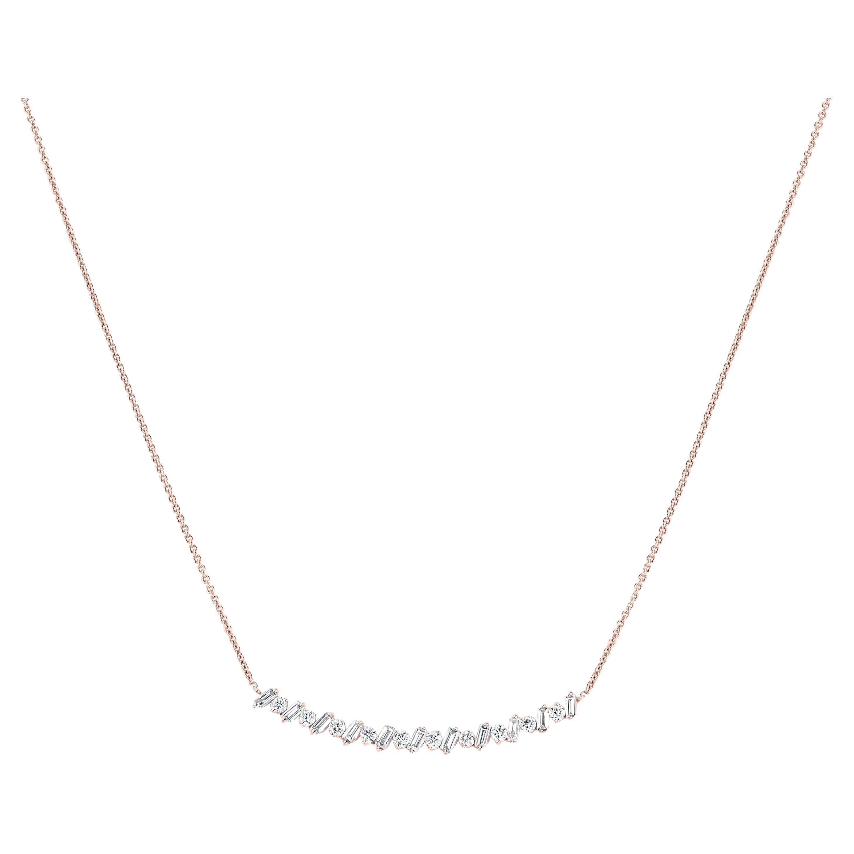 Luxle 0.50cttw, Round and Baguette Diamond Curve Bar Necklace in 18k Rose Gold