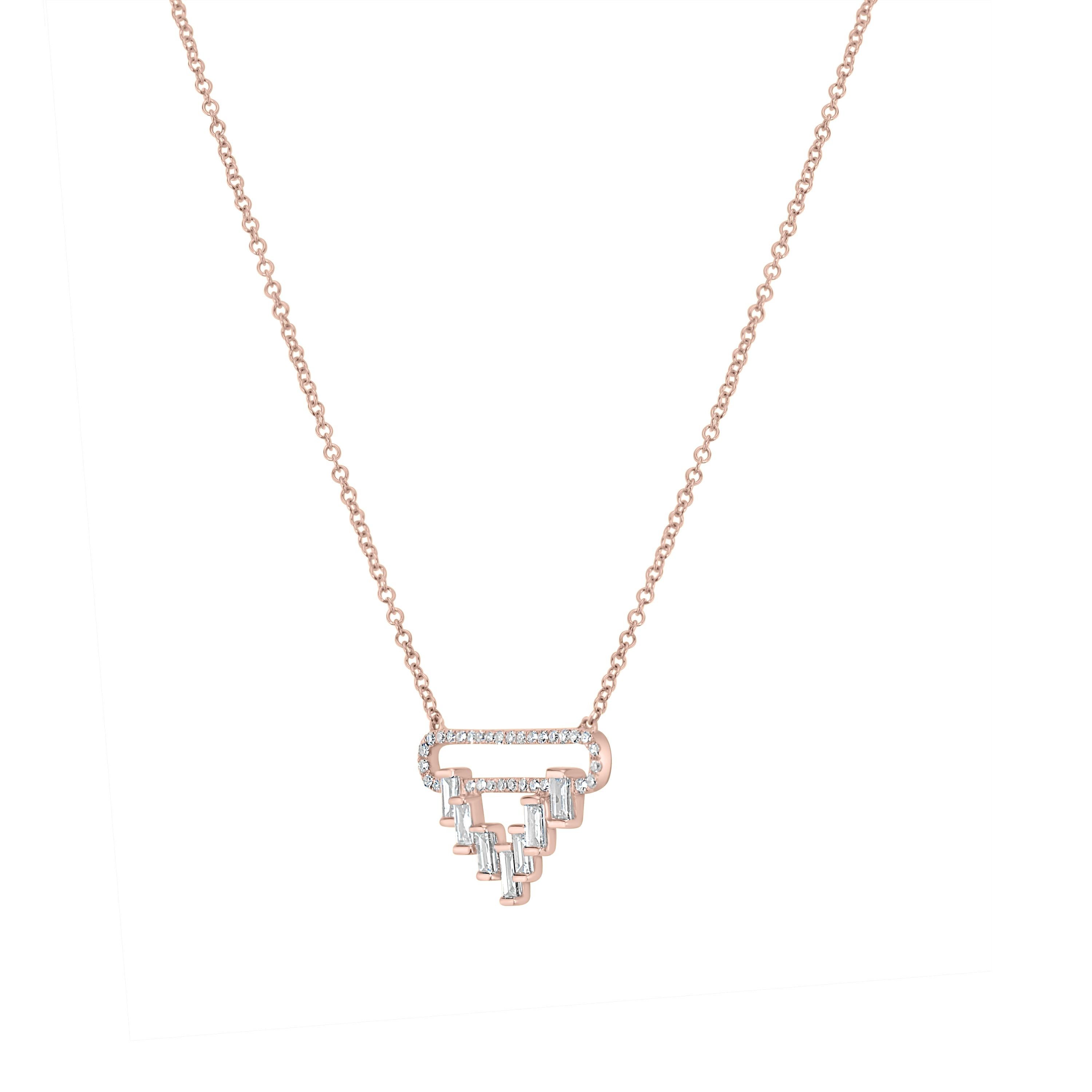 This Luxle elegant 15 inch Round and Baguette Diamond Pendant Necklace rendered in gleaming 14K rose gold compliments your neckline. Embellished with 32 round diamonds and 7 baguette diamonds totaling 0.51Ct arranged in an open space triangular