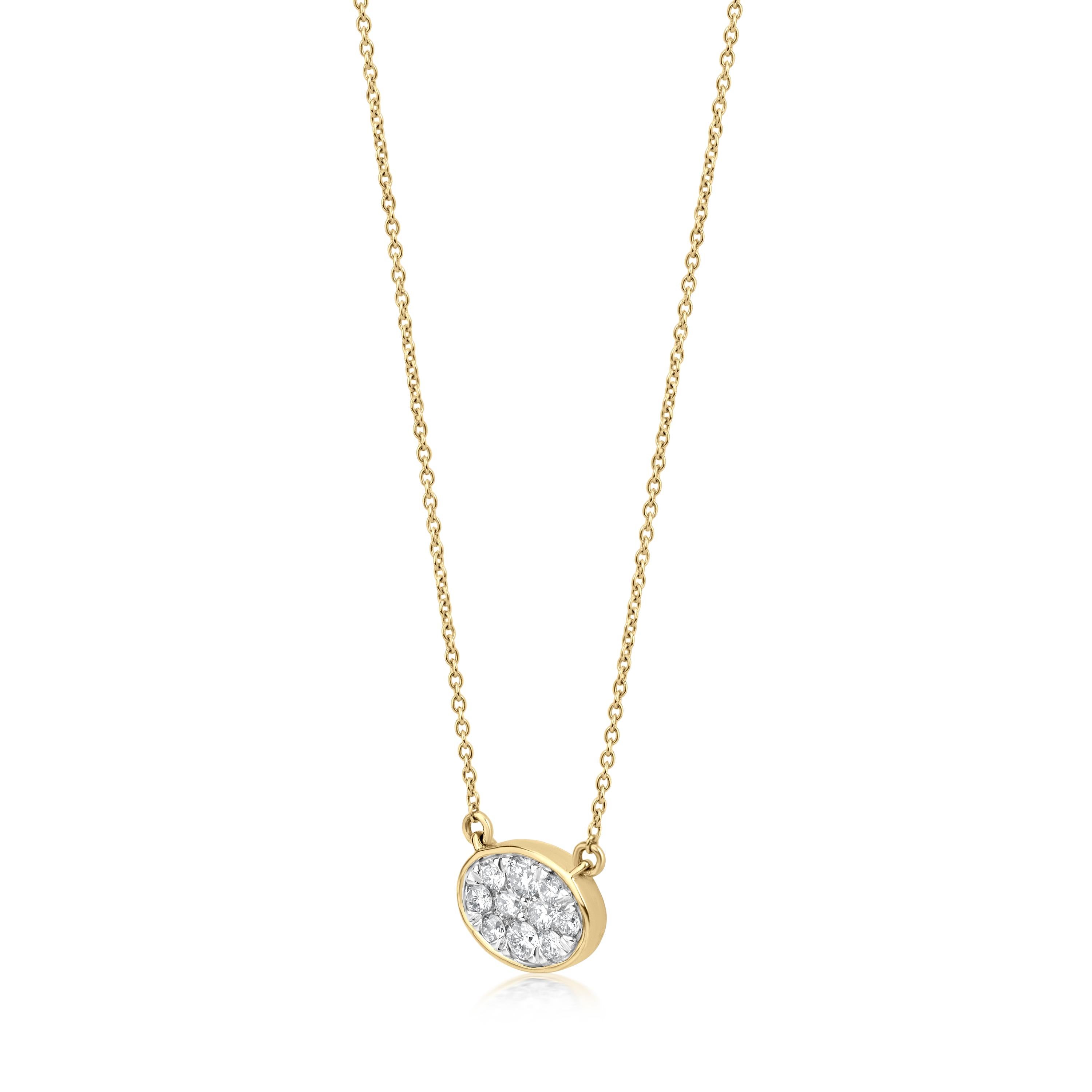 This exquisite necklace in 14K Yellow Gold is a splendid oval-shaped pendant that features sparkling round-cut diamonds. The full cut diamonds, with GH color and SI clarity are individually set one by one in the piece, with an enhancing technique