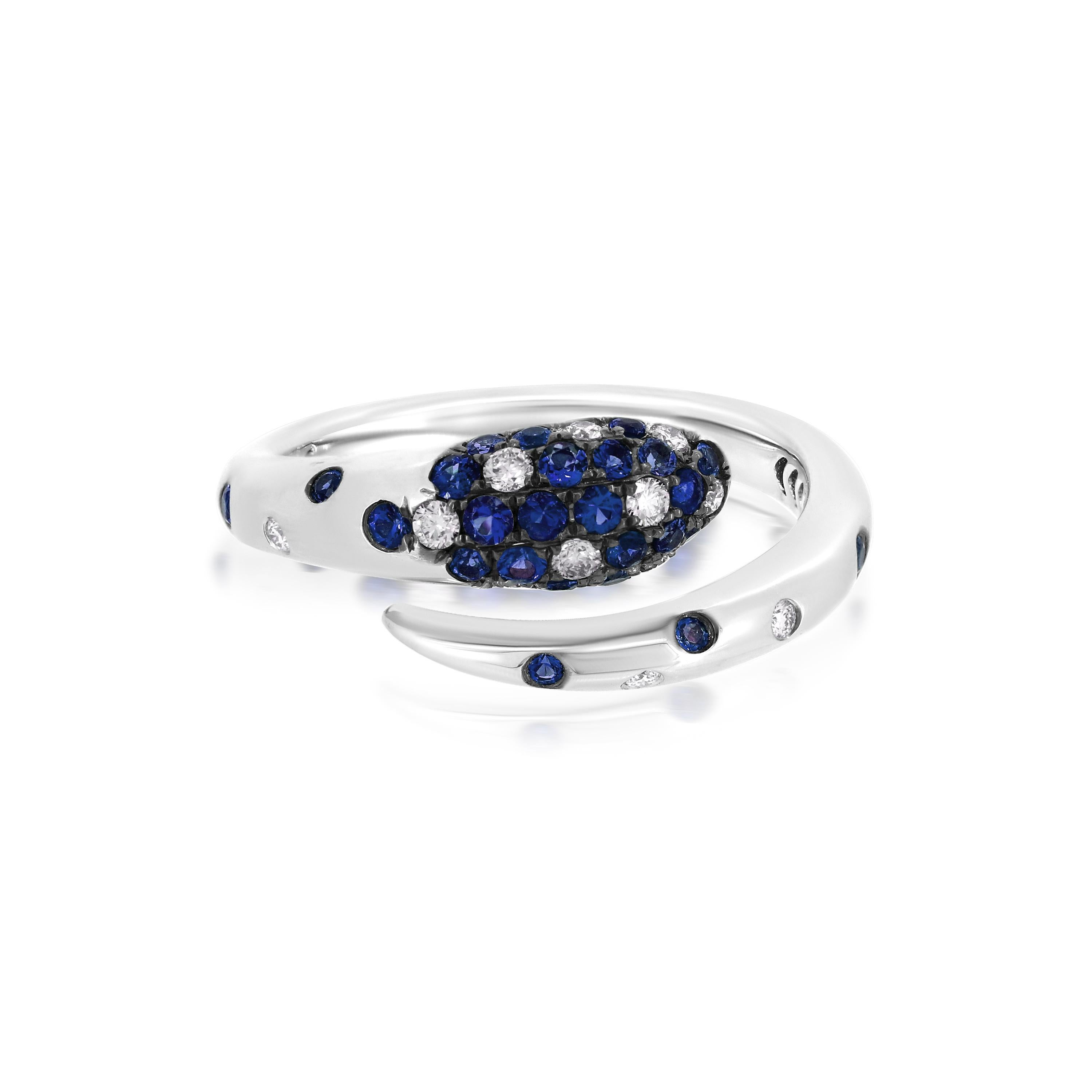 Brilliant Cut Luxle 0.53 Cttw. Blue Sapphire and Diamond Bypass Serpent Ring in 18k White Gold For Sale