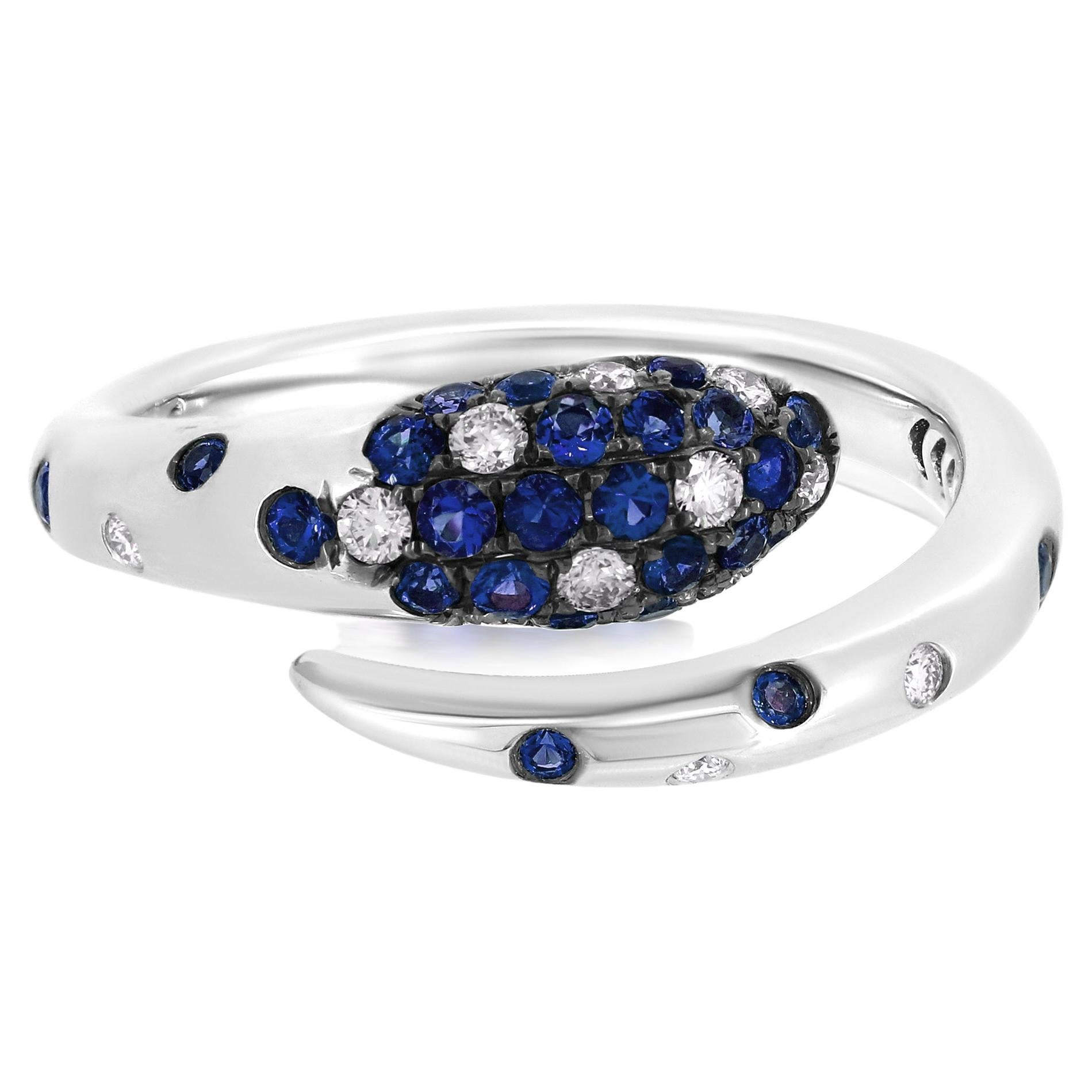 Luxle 0.53 Cttw. Blue Sapphire and Diamond Bypass Serpent Ring in 18k White Gold For Sale