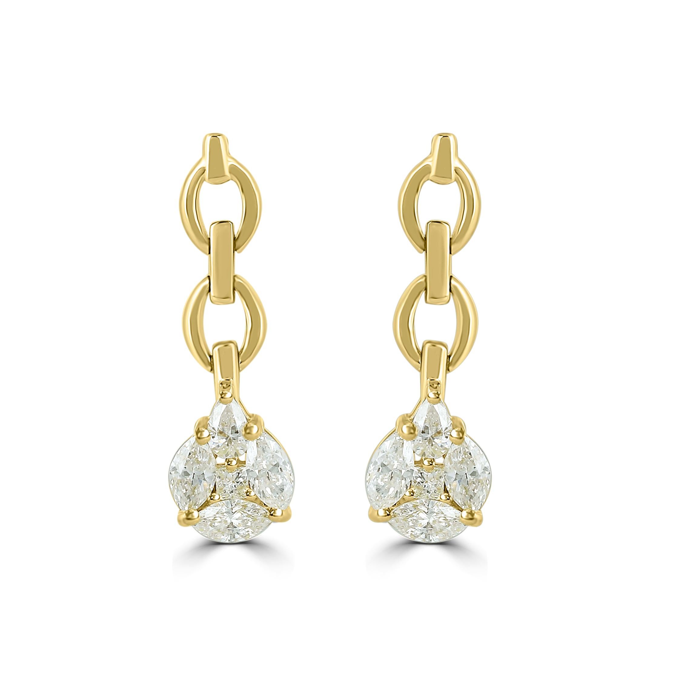 Taille princesse Luxle, boucles d'oreilles pendantes en or jaune 14 carats avec diamants naturels 0,53 carat en vente