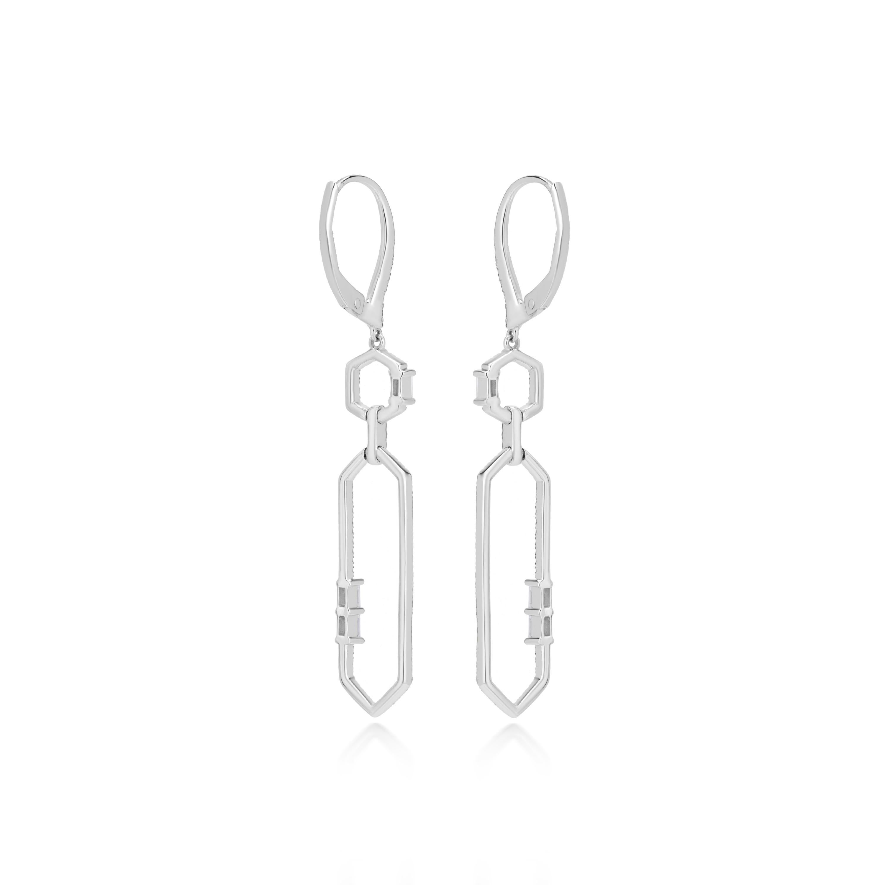 Contemporary Luxle 0.63 Cttw Natural Diamond Geometric Drop Earrings in 18K White Gold For Sale