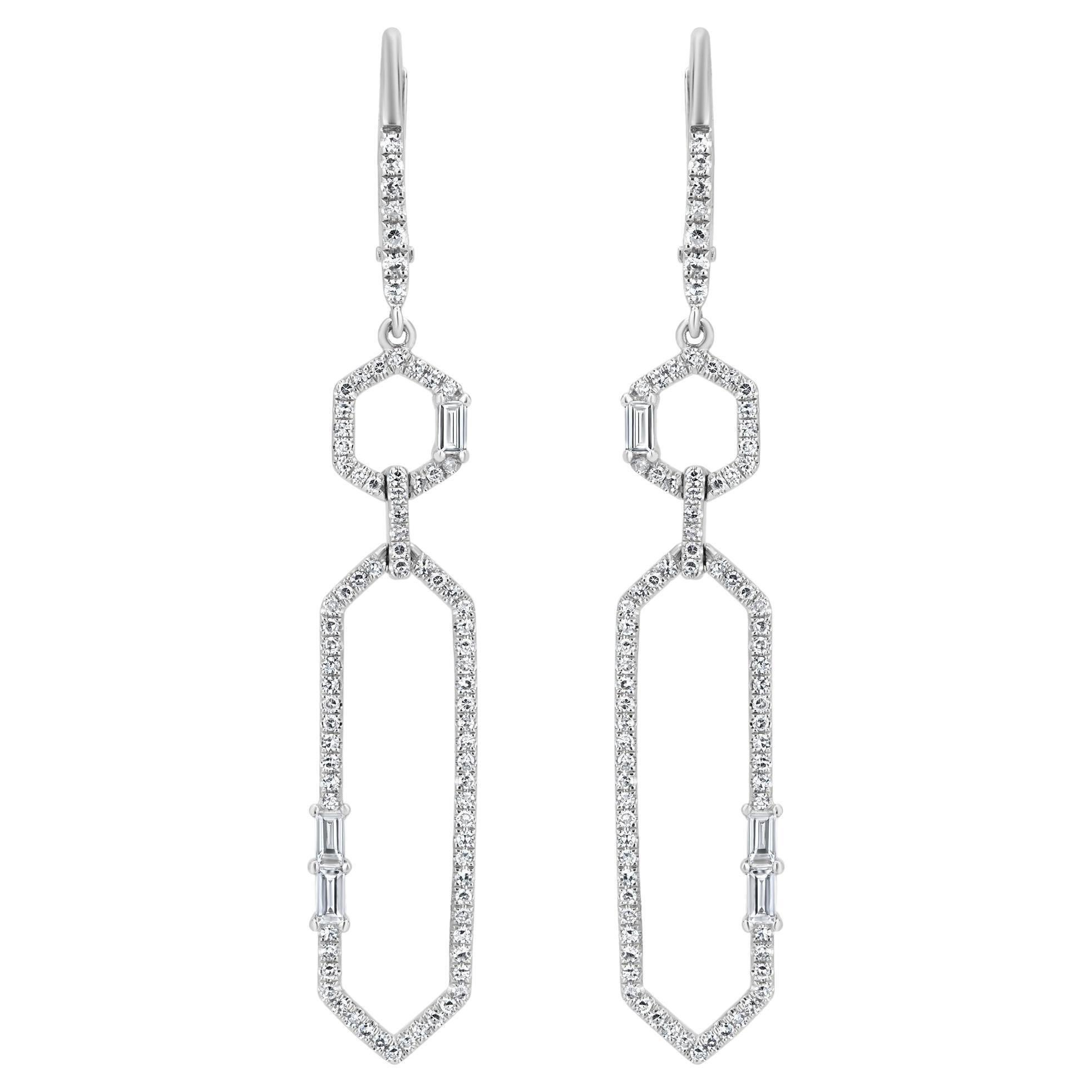 Baguette Cut Luxle 0.63 Cttw Natural Diamond Geometric Drop Earrings in 18K White Gold For Sale