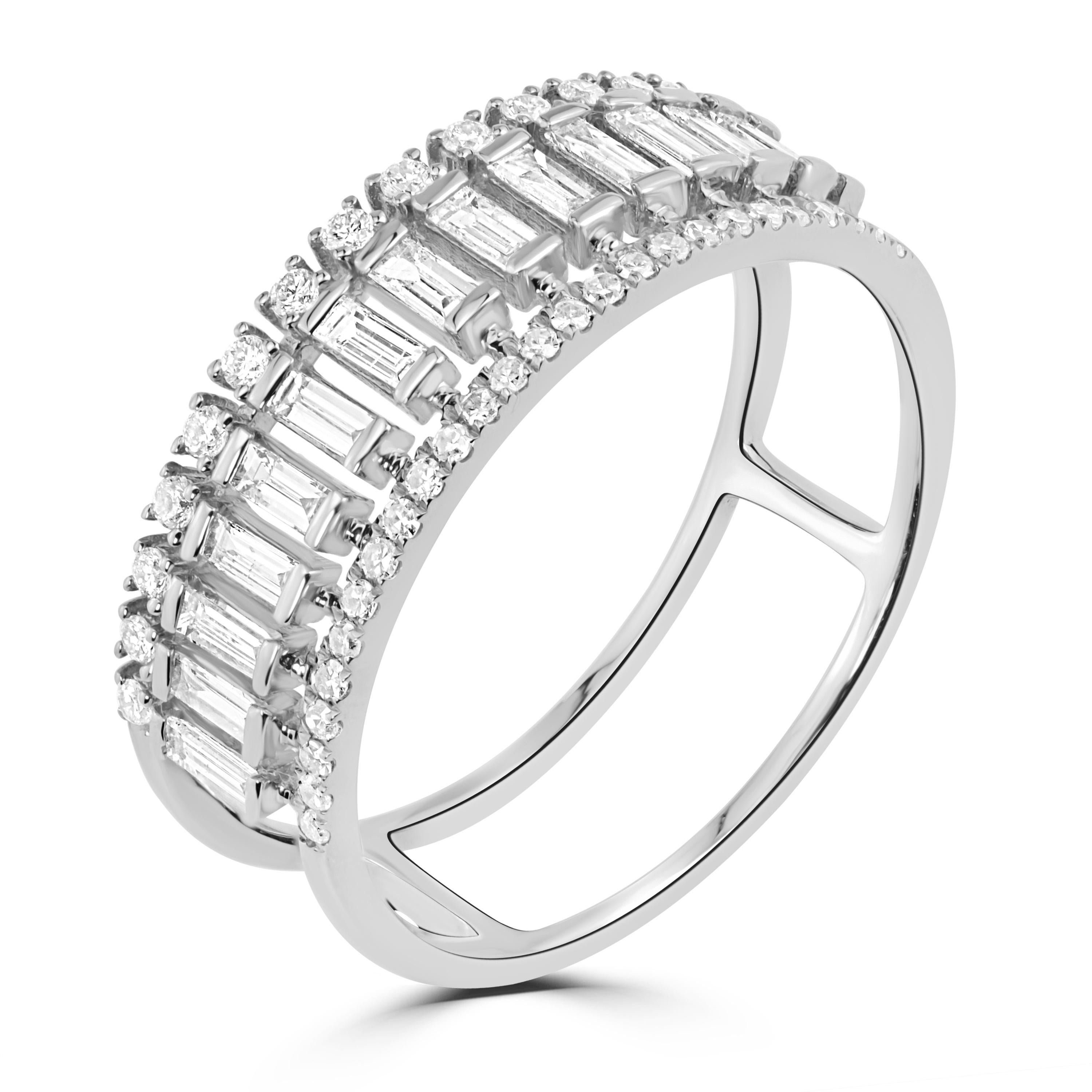 Rows of extravagant shimmer and style. This Luxle Baguette and Round Diamond Band Ring are crafted in 18K white gold for women sparkle with 15 baguette diamonds and 41 round diamonds totaling 0.56 Cts. This white gold ring is showcased with