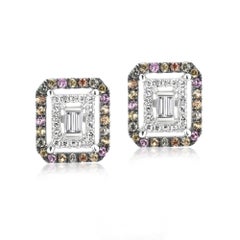 18K Gold Multi Sapphire and Diamond Stud Earrings, 0.35ct Total Weight