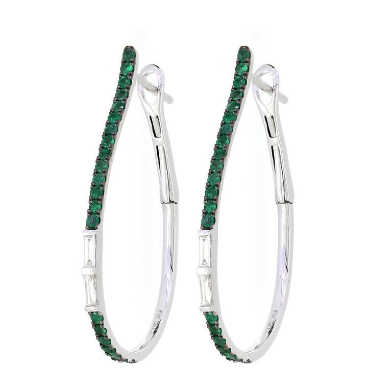 Baguette Cut Luxle 0.56 Natural Diamond and Emerald Pear Shaped Hoop For Sale